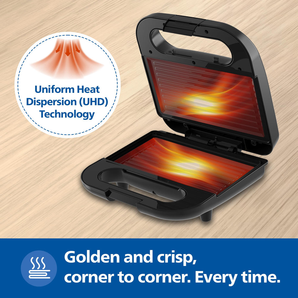 Philips HD3010/80 open plates showing Uniform Heat Dispersion UHD technology with heat illustration