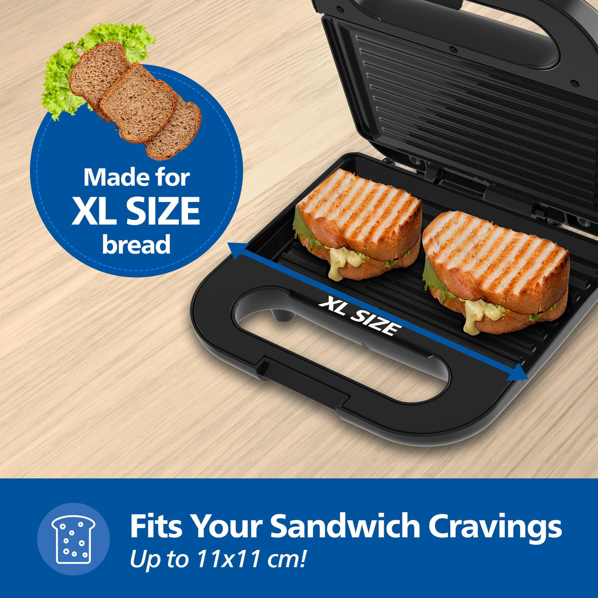 Philips HD3010/80 open grill plate holding two toasted sandwiches, with XL size bread up to 11x11 cm callout