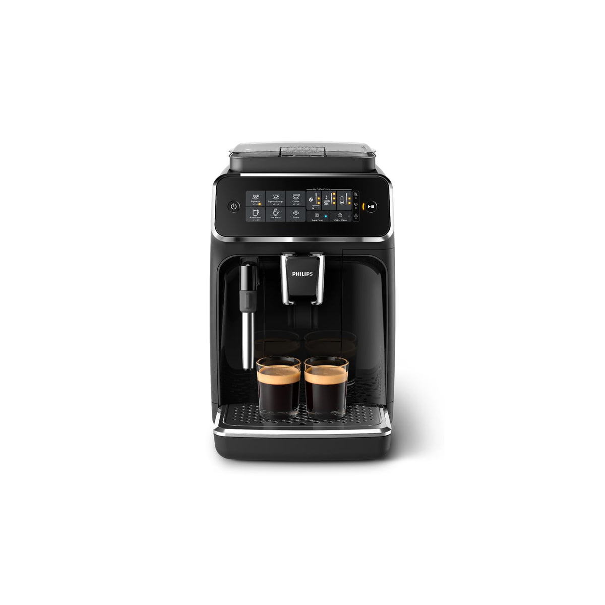 Philips EP3221/40 black fully automatic bean to cup coffee machine front view with two glasses of espresso