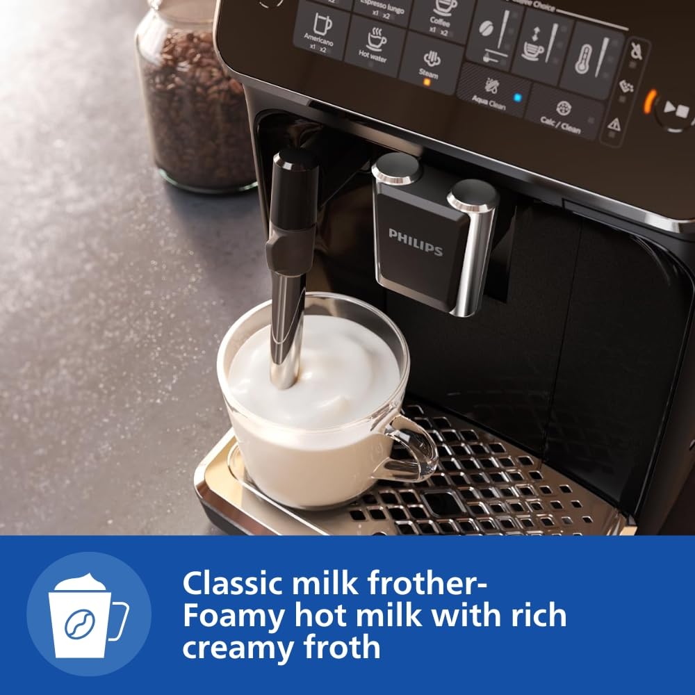 Philips EP3221/40 Classic Milk Frother steaming milk into a glass cup