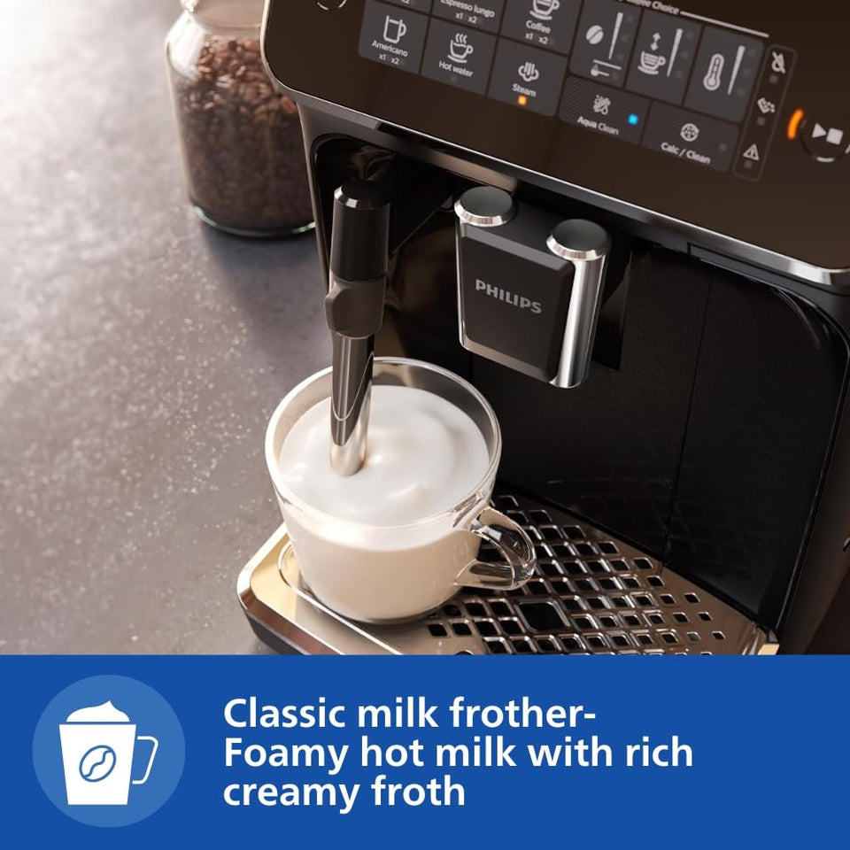 Philips EP3221/40 Classic Milk Frother steaming milk into a glass cup