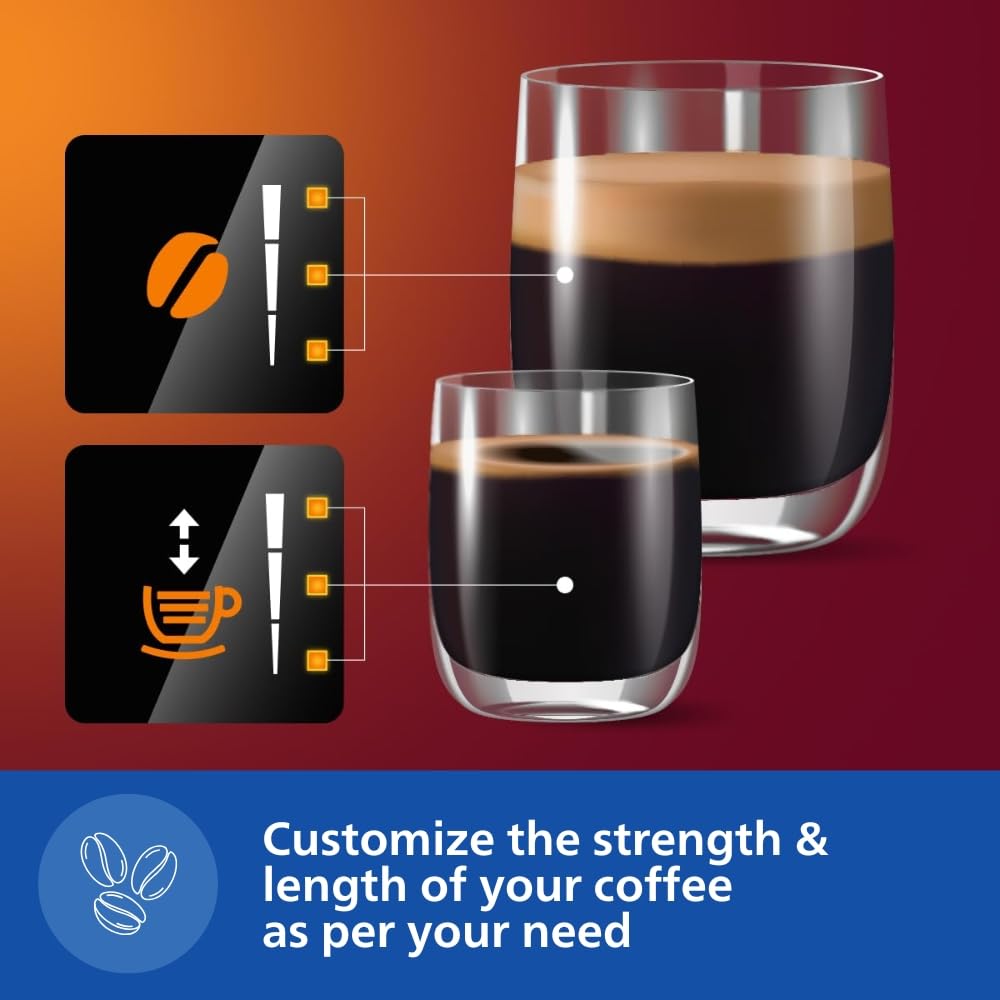 Philips EP3221/40 coffee strength and length settings shown with two glasses of coffee