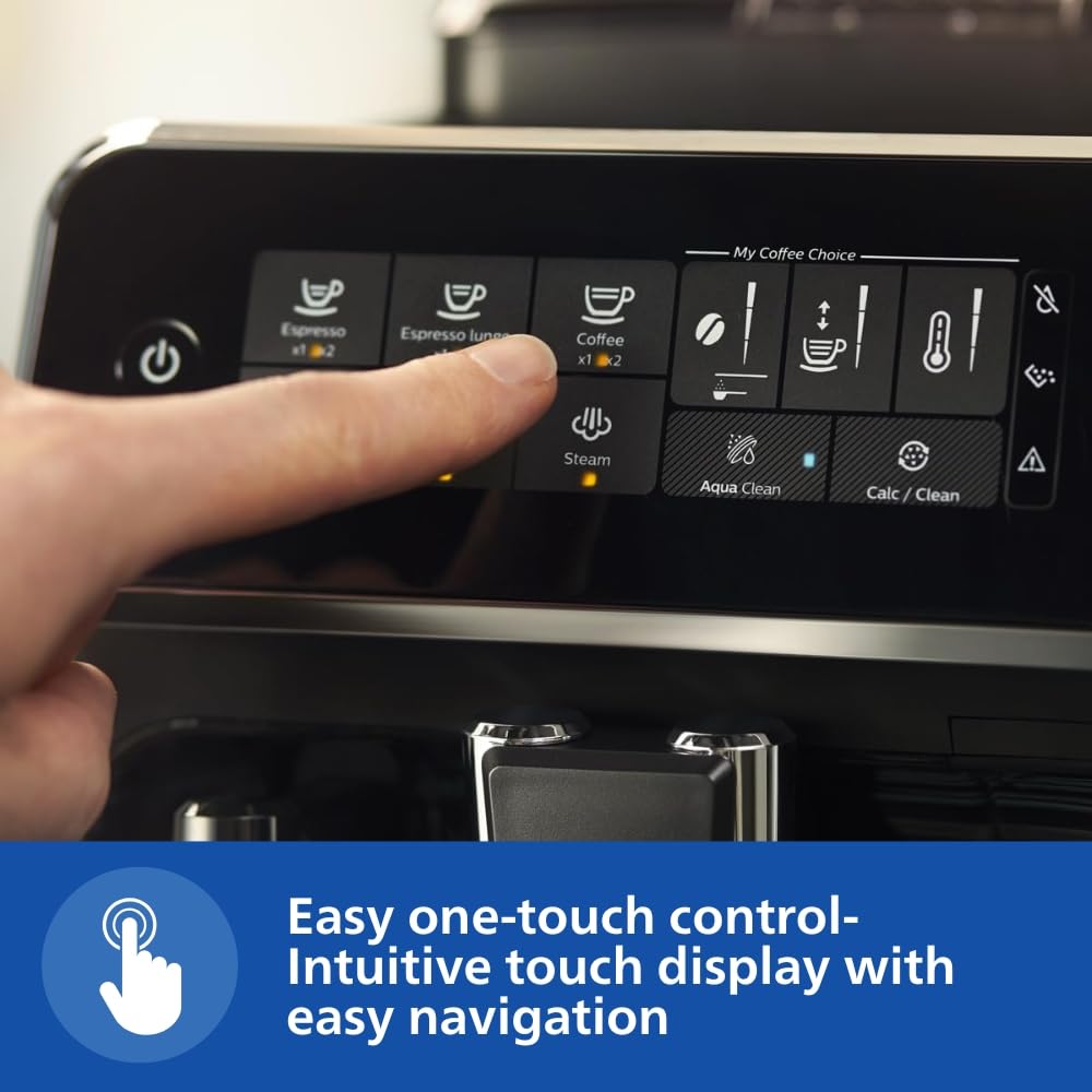 Finger pressing the touch display of the Philips EP3221/40 coffee machine