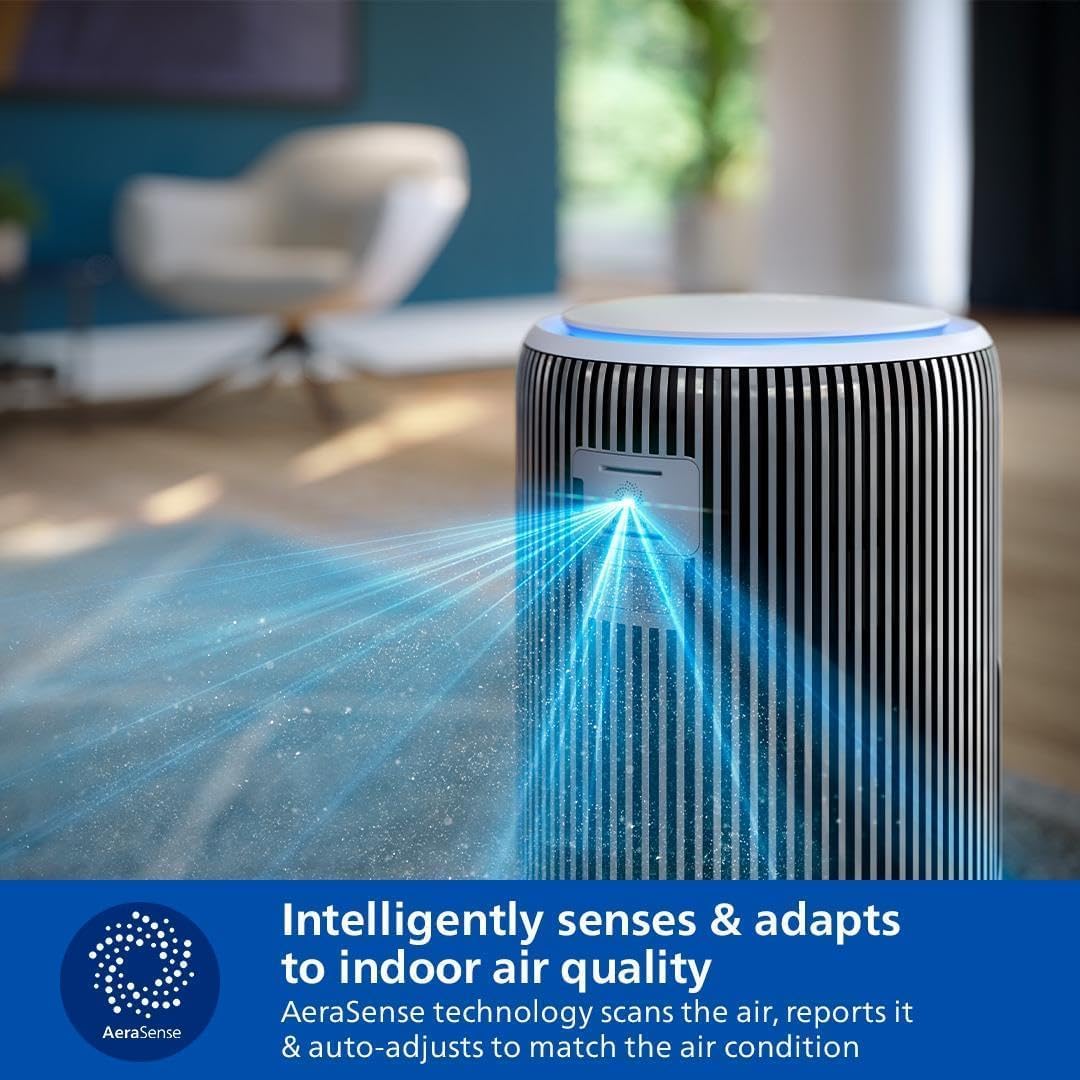 Close-up of the Philips AC3220/60 air purifier with its AeraSense sensor scanning the surrounding air