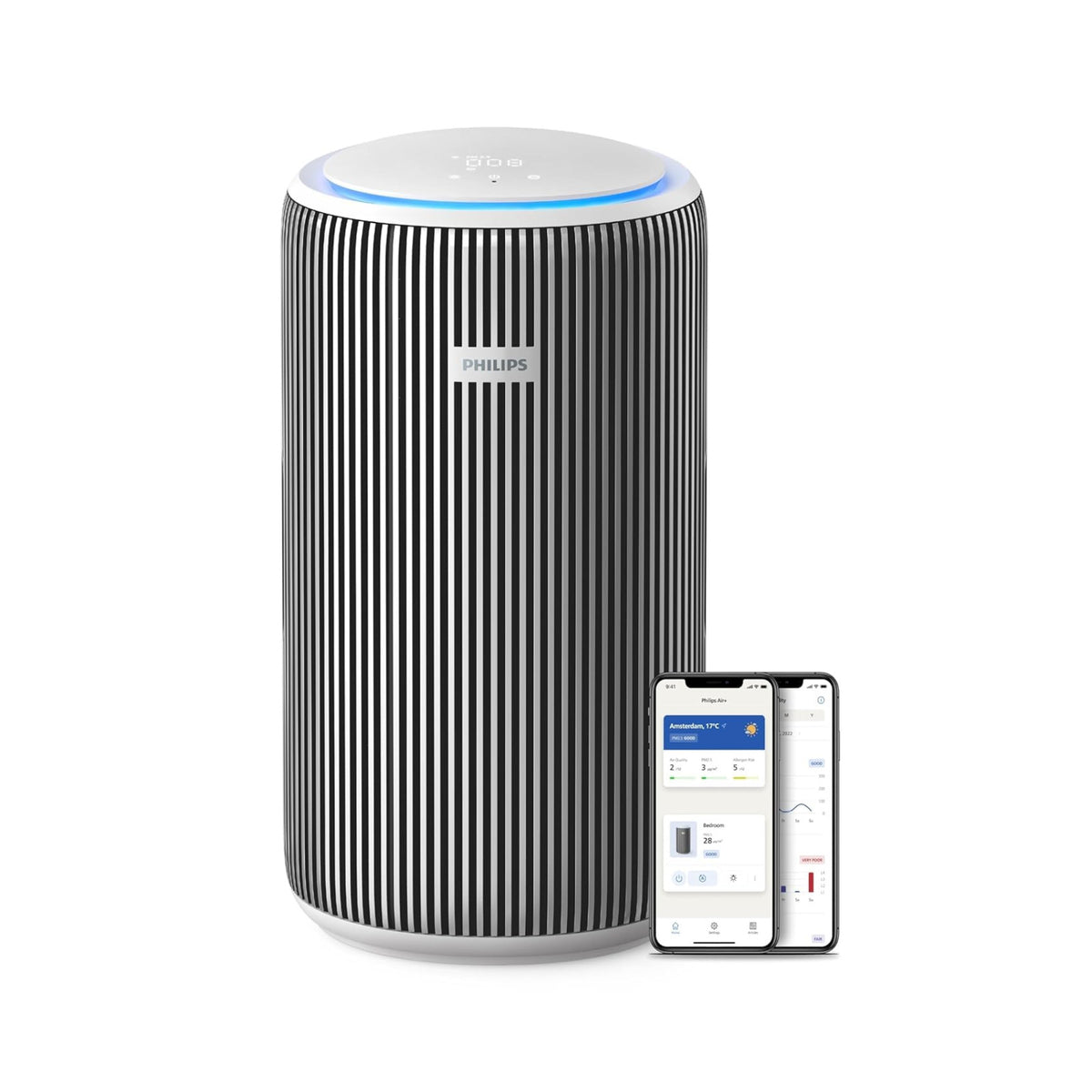 Philips AC3220/60 Smart Air Purifier, a striped cylindrical unit with a lit top panel, shown beside the Philips Air+ app on two phone screens