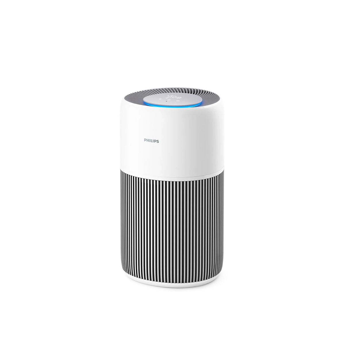 Philips AC2220/60 2200 Series white air purifier with striped lower body and top control panel with blue light ring