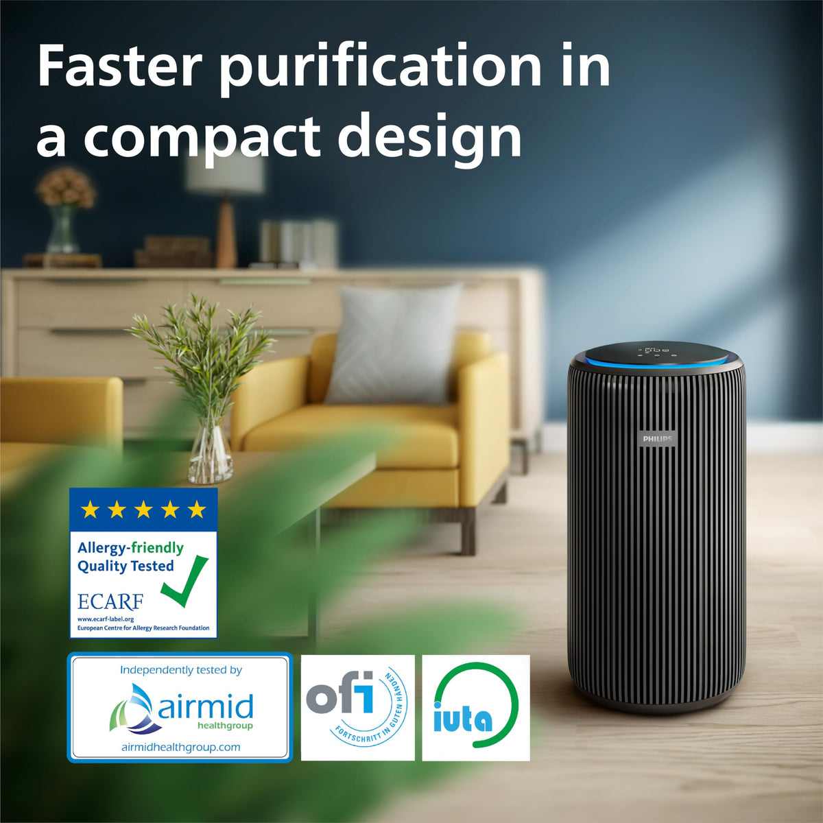 Philips AC4221/61 air purifier in a living room with ECARF, airmid, ofi and iuta test badges