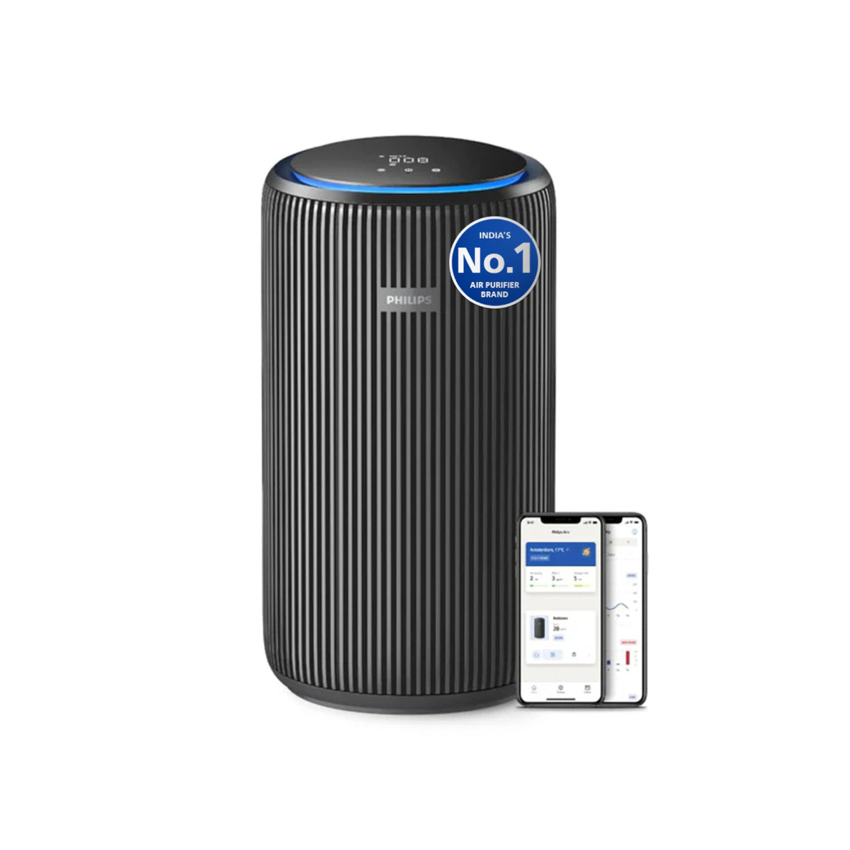 Philips AC4221/61 4200 Series air purifier in metallic finish with blue light ring and Air+ app screens