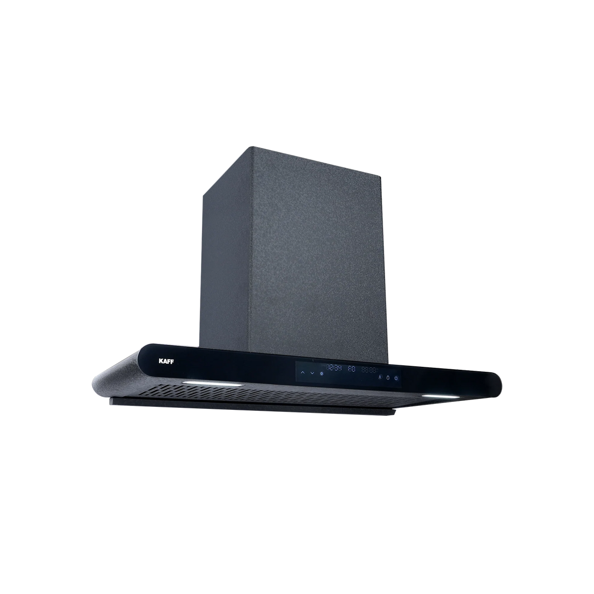 Kaff MOLIN 90-DC chimney angled view showing lights, filter area and textured flue