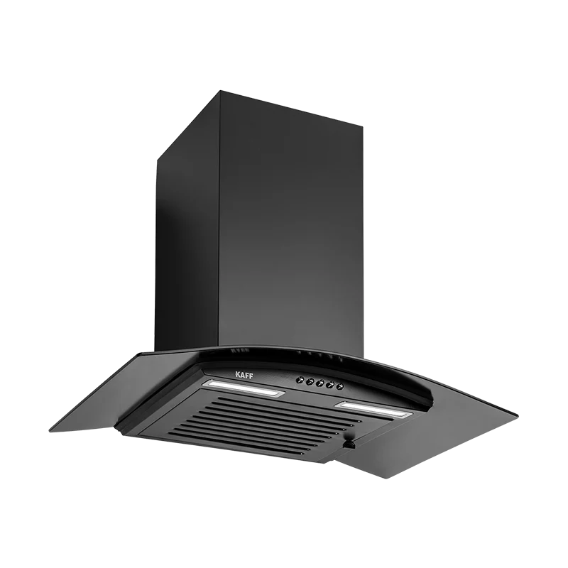 Kaff MAX BF 60 black chimney, angled view from below showing baffle filter and lights