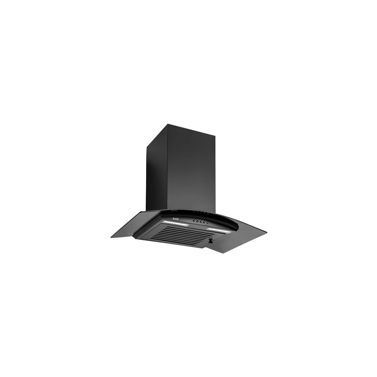 Kaff MAX BF 60 black baffle filter chimney, angled view with curved glass canopy
