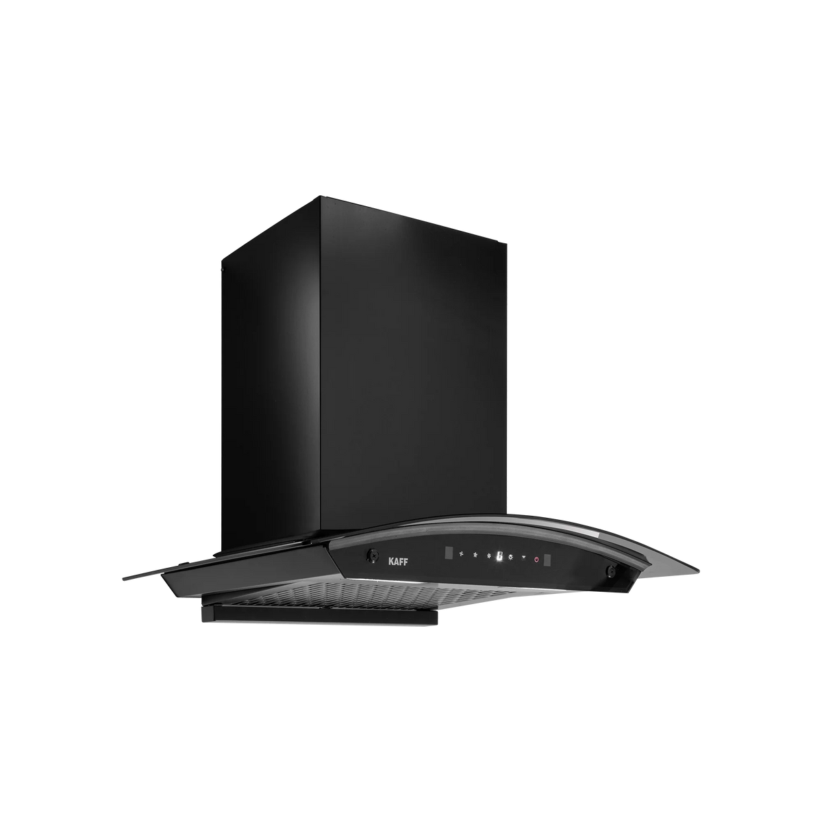 Kaff MAINZDHC 75 chimney angled front view with the touch control panel and Kaff logo