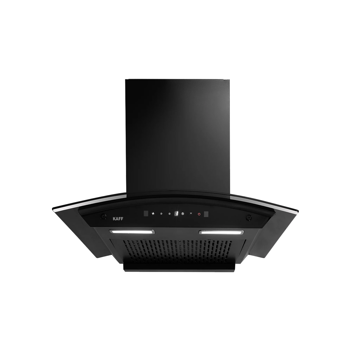 Kaff MAINZDHC 75 chimney straight front view showing glass canopy, touch controls, lights and filter