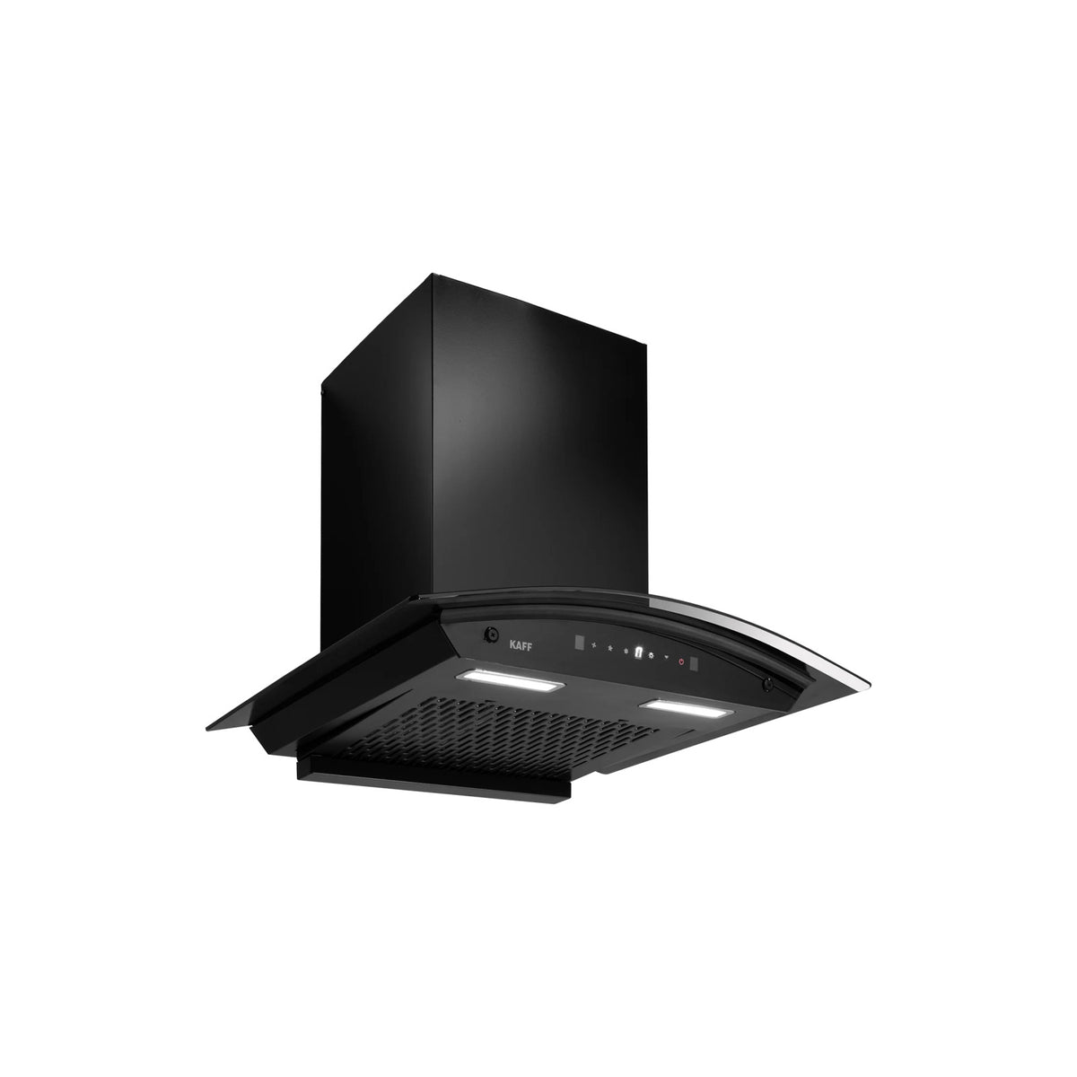 Kaff MAINZDHC 75 kitchen chimney in angled view showing curved glass canopy, touch panel and lights