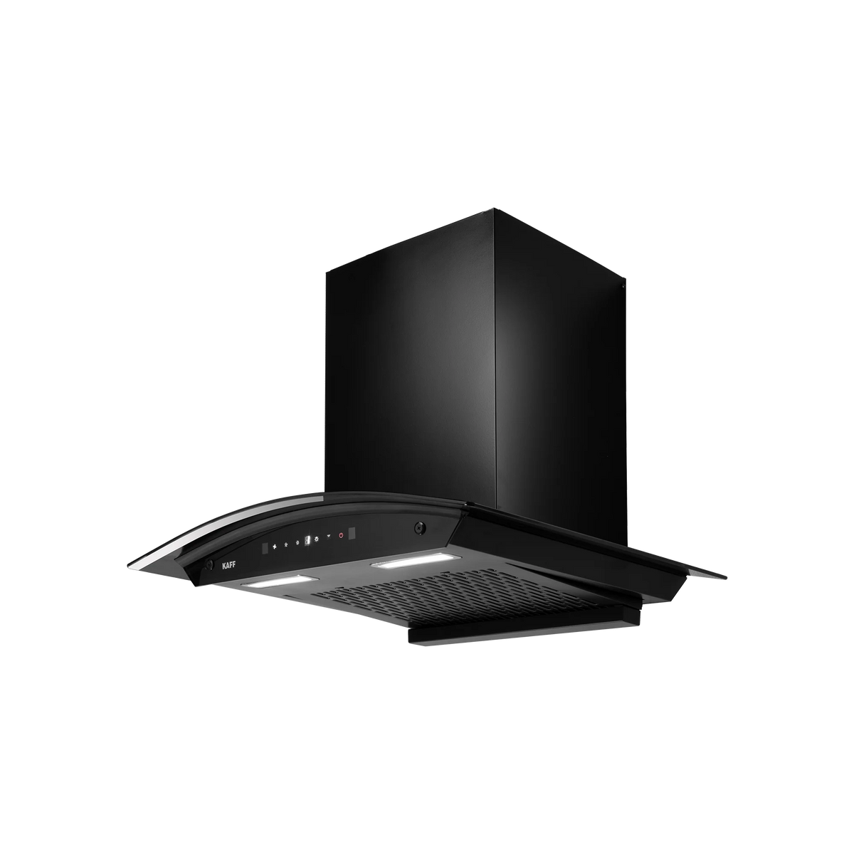 Kaff MAINZDHC 75 chimney three-quarter view from the left showing curved glass front and chimney column
