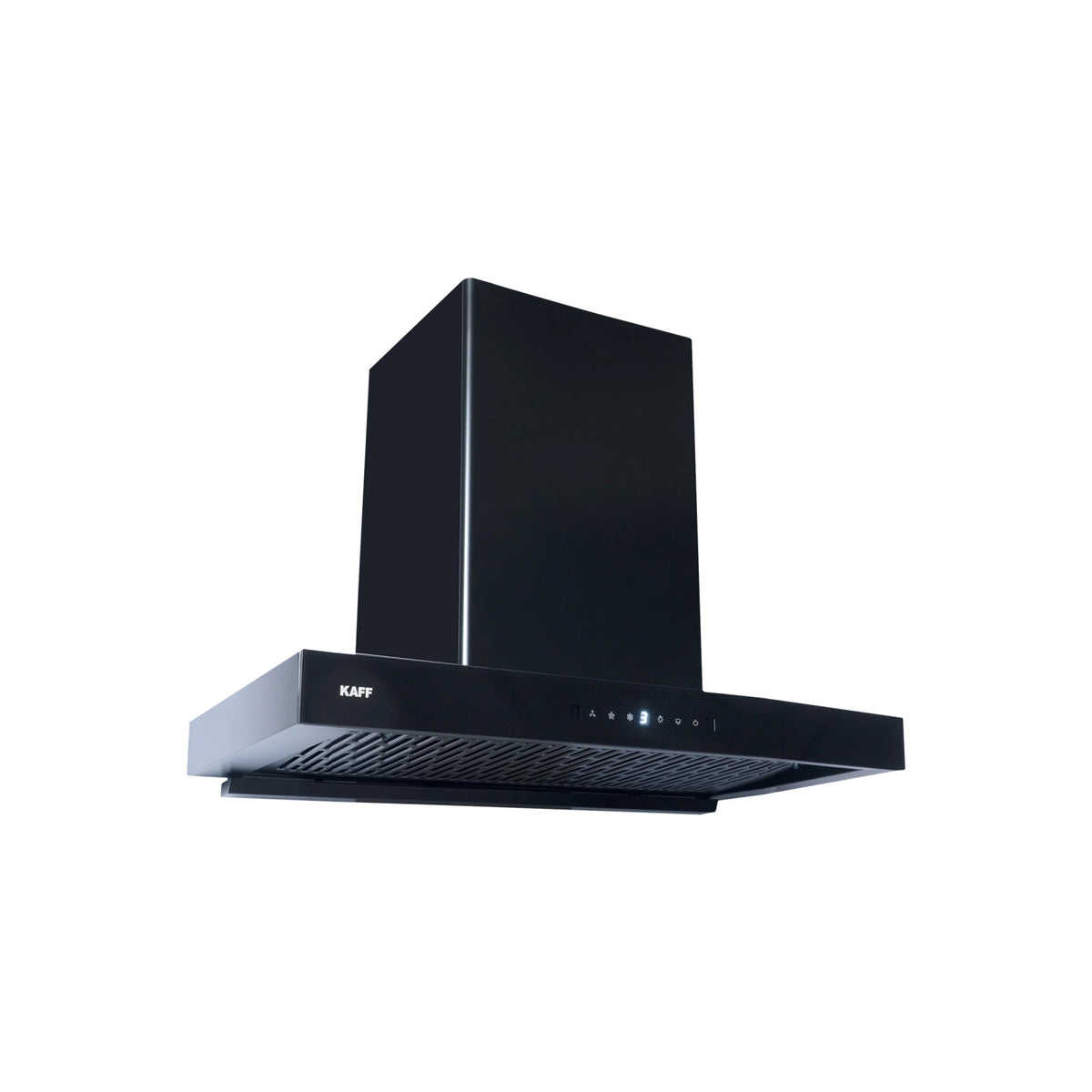 Kaff MONTE DHC75 black wall mount chimney angled view showing touch controls and filter panel