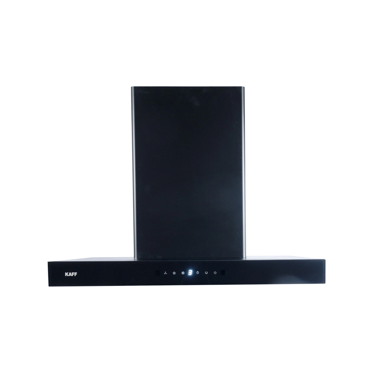 Kaff MONTE DHC75 black chimney front view with KAFF logo and illuminated touch controls