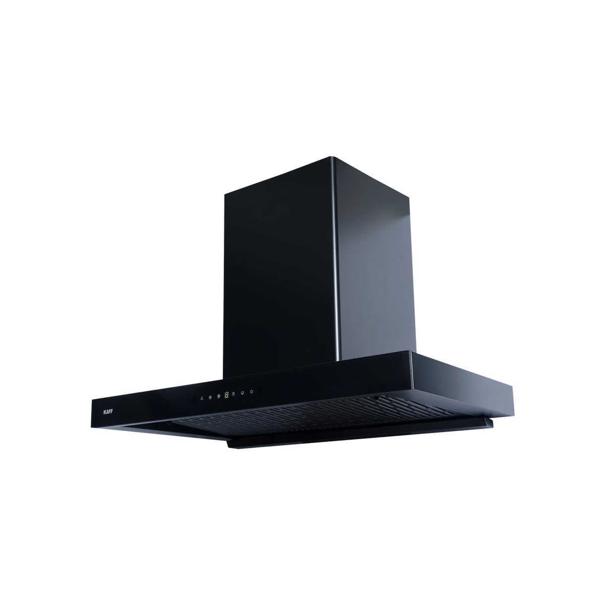 Kaff MONTE DHC90 black chimney angled view showing the baffle-style underside and touch panel