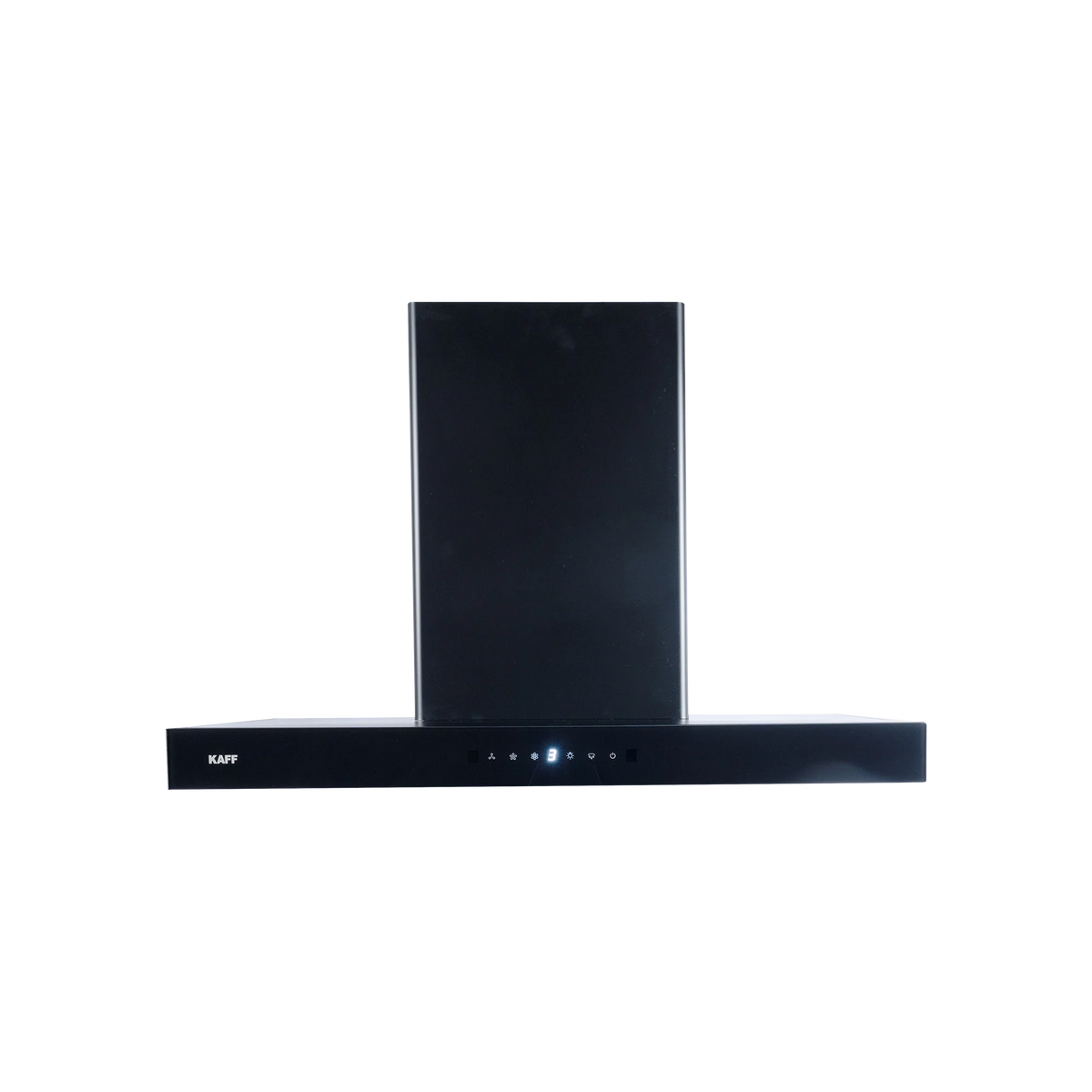 Kaff MONTE DHC90 black chimney front view with lit touch control panel and display
