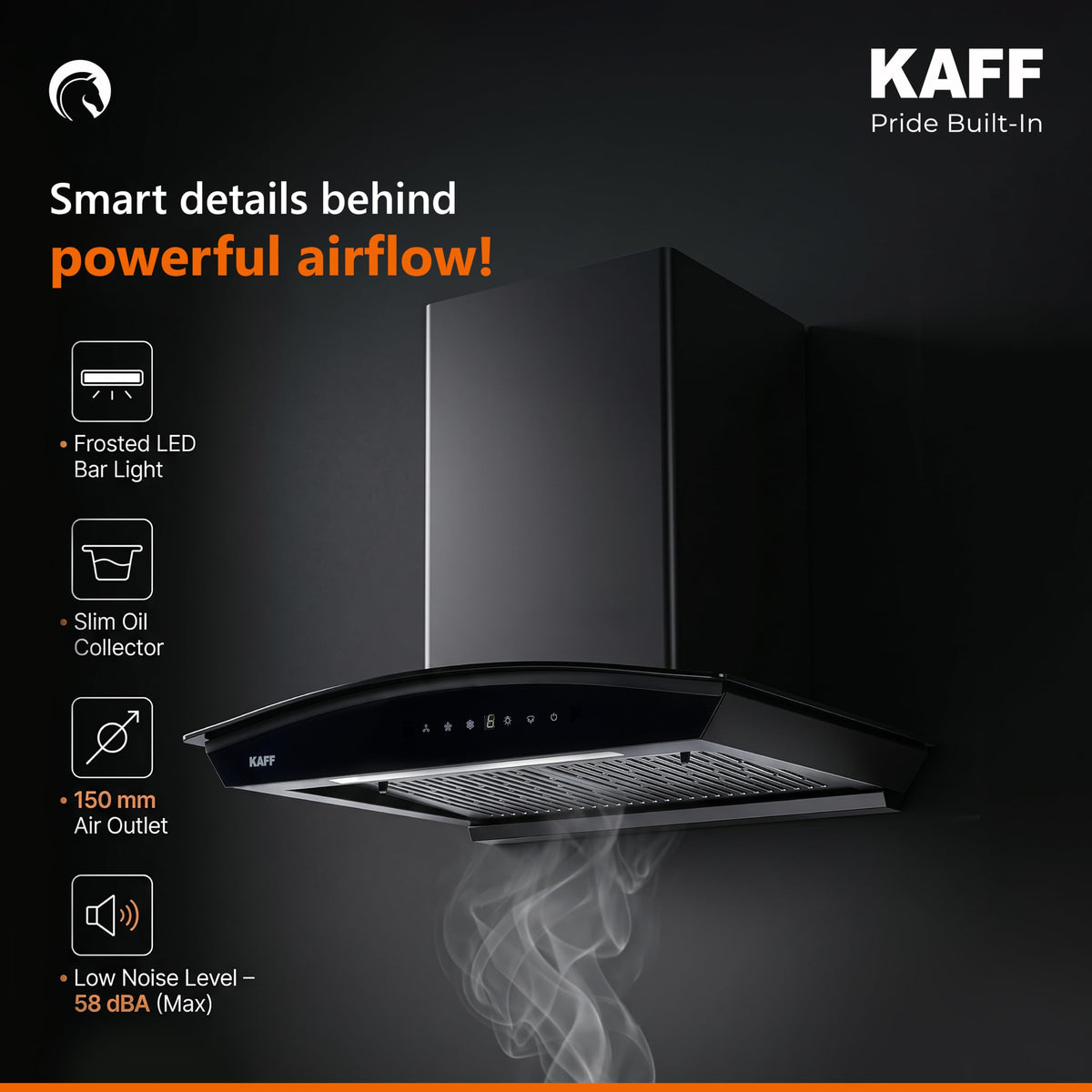 Kaff NIORDHC60 chimney with callouts for frosted LED bar light, slim oil collector, 150 mm air outlet and 58 dBA noise level