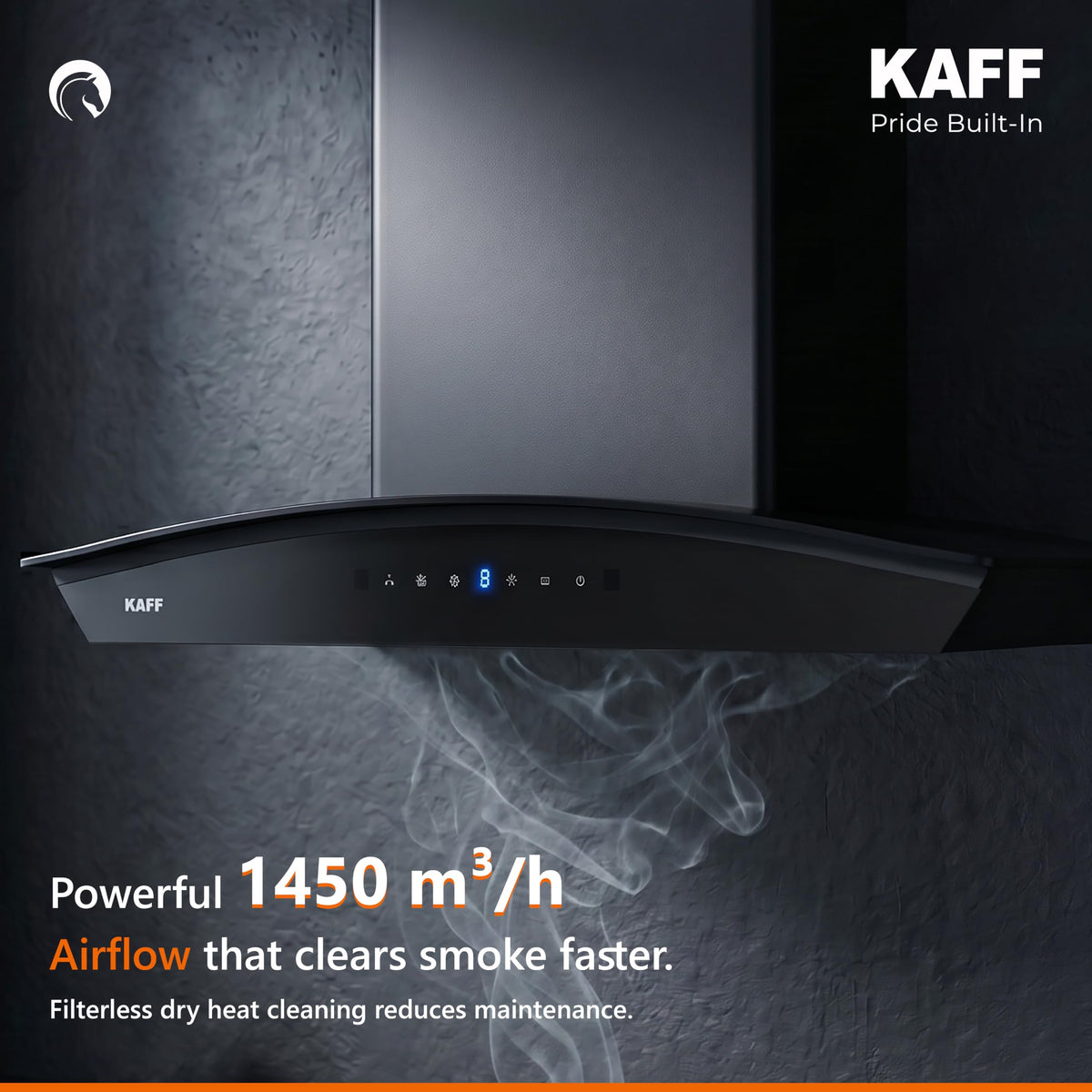 Kaff NIORDHC60 chimney with 1450 m³/h airflow graphic and smoke being drawn in