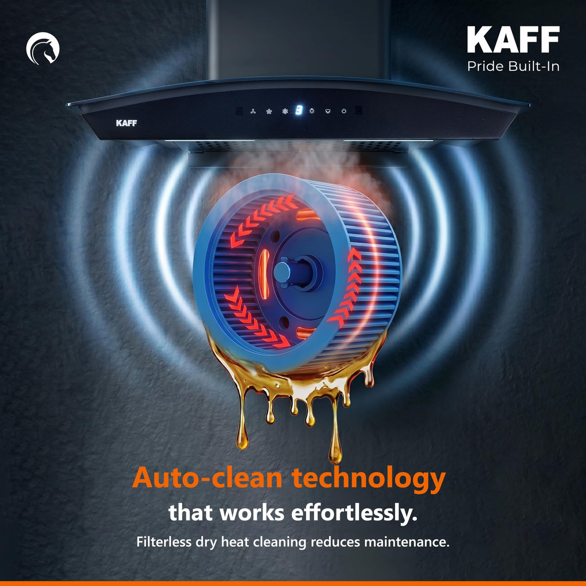 Kaff NIORDHC60 auto-clean illustration showing dry heat cleaning of the blower and oil draining away