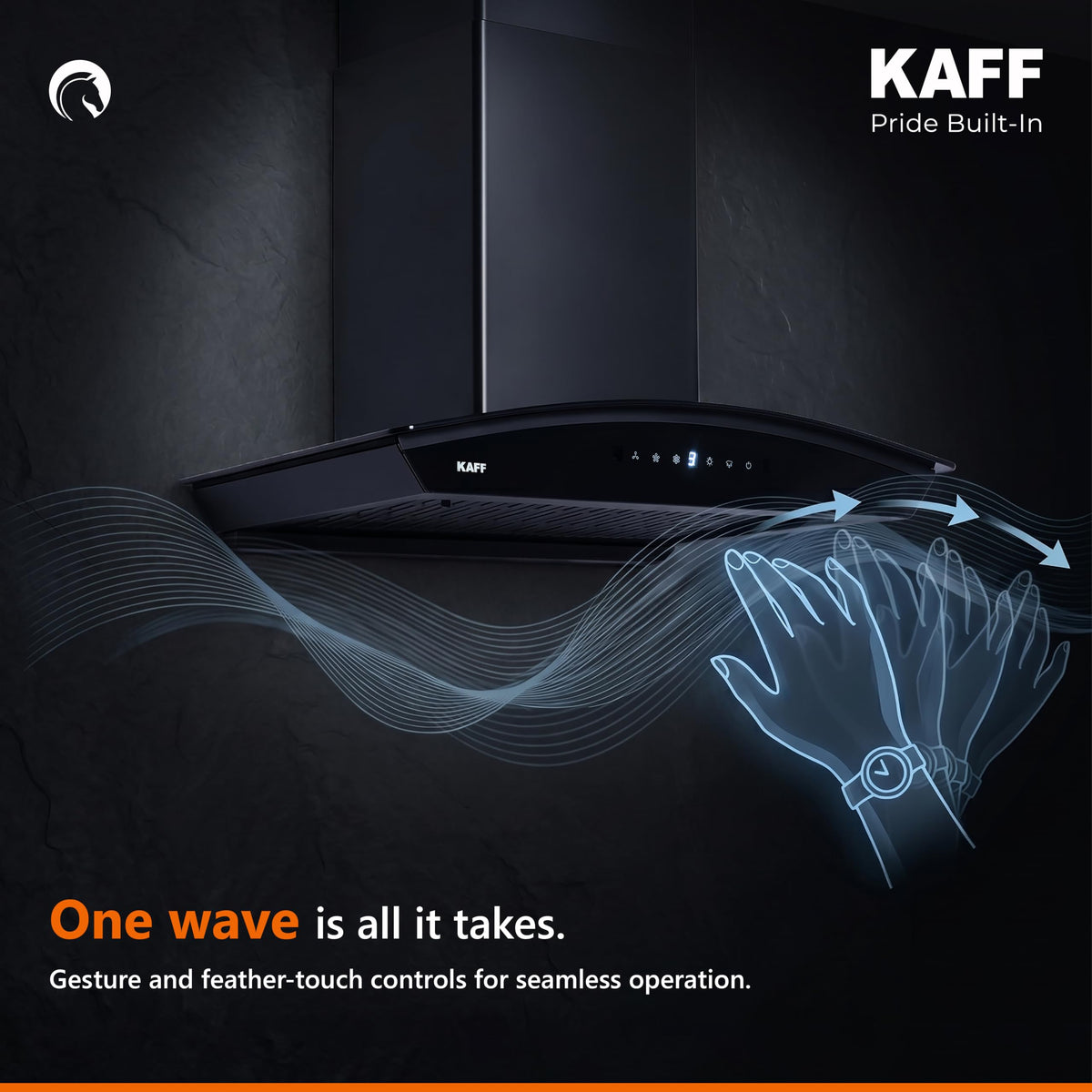 Kaff NIORDHC60 chimney with a hand wave gesture control illustration