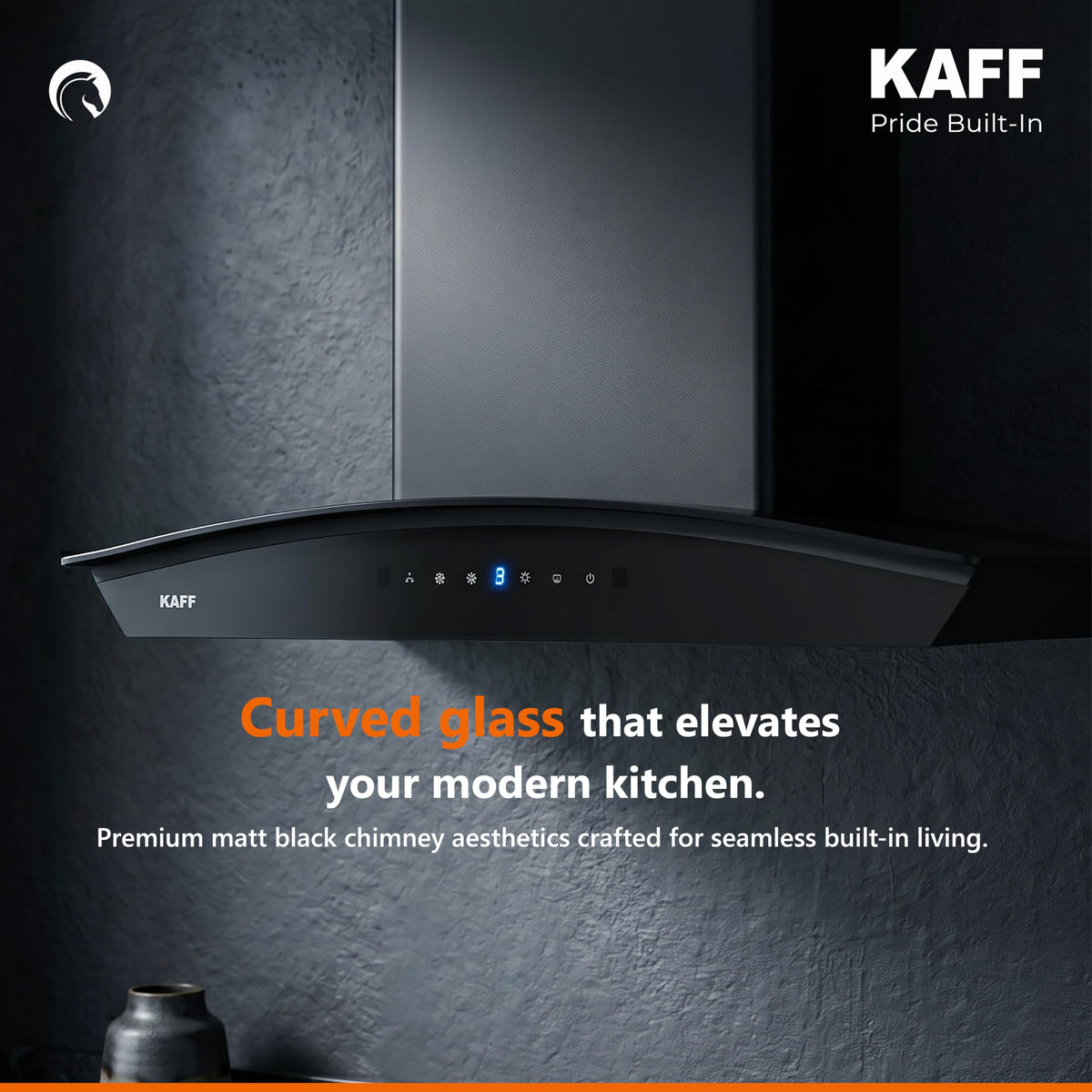 Kaff NIORDHC60 chimney with curved glass front against a dark textured wall