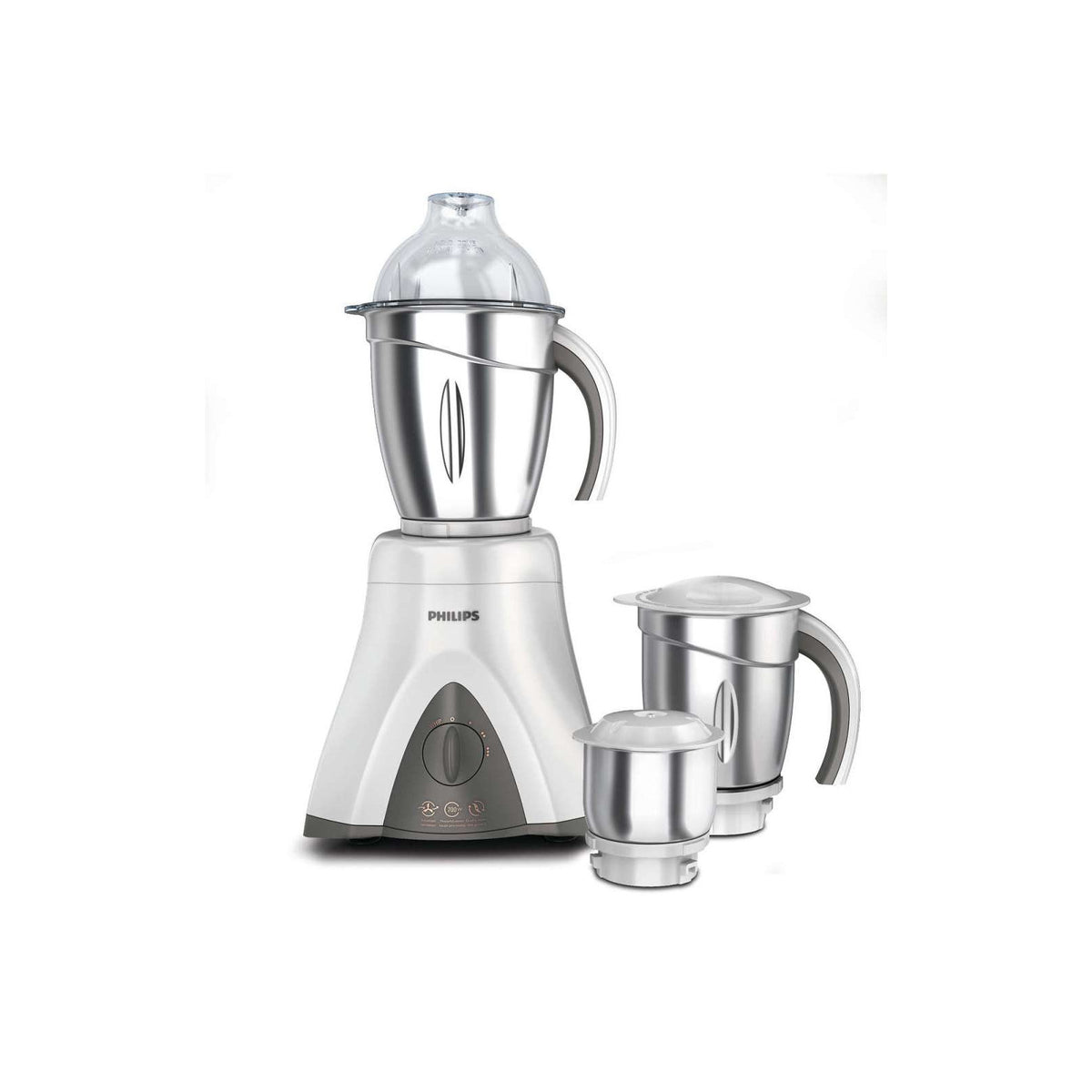 Philips Viva Collection mixer grinder in white and grey with stainless steel jars, front view