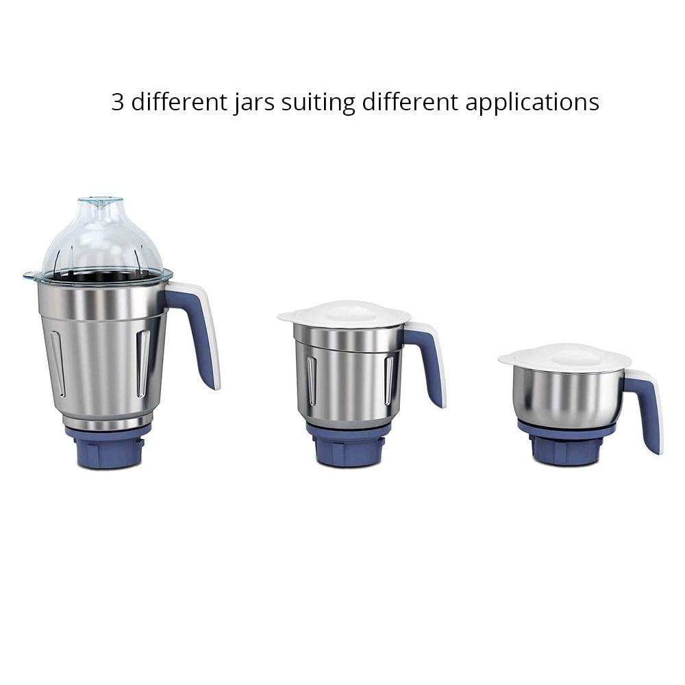Three stainless steel jars of the Philips HL7701/00 mixer grinder for different applications
