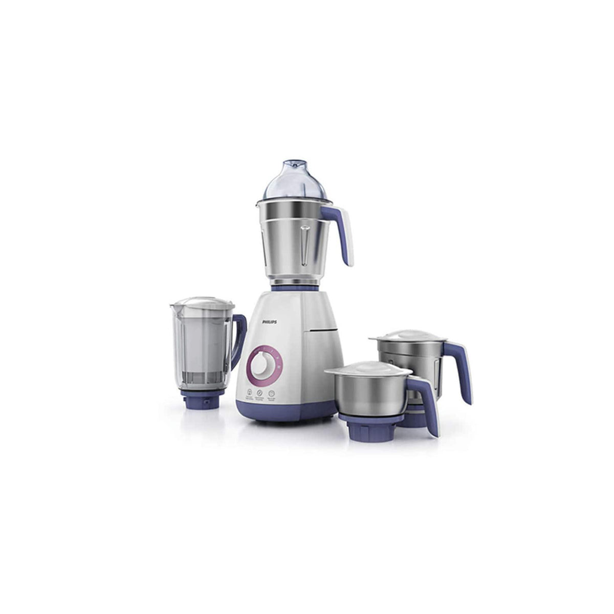 Philips HL7701/00 mixer grinder with its pulp extractor jar, large jar and two smaller stainless steel jars