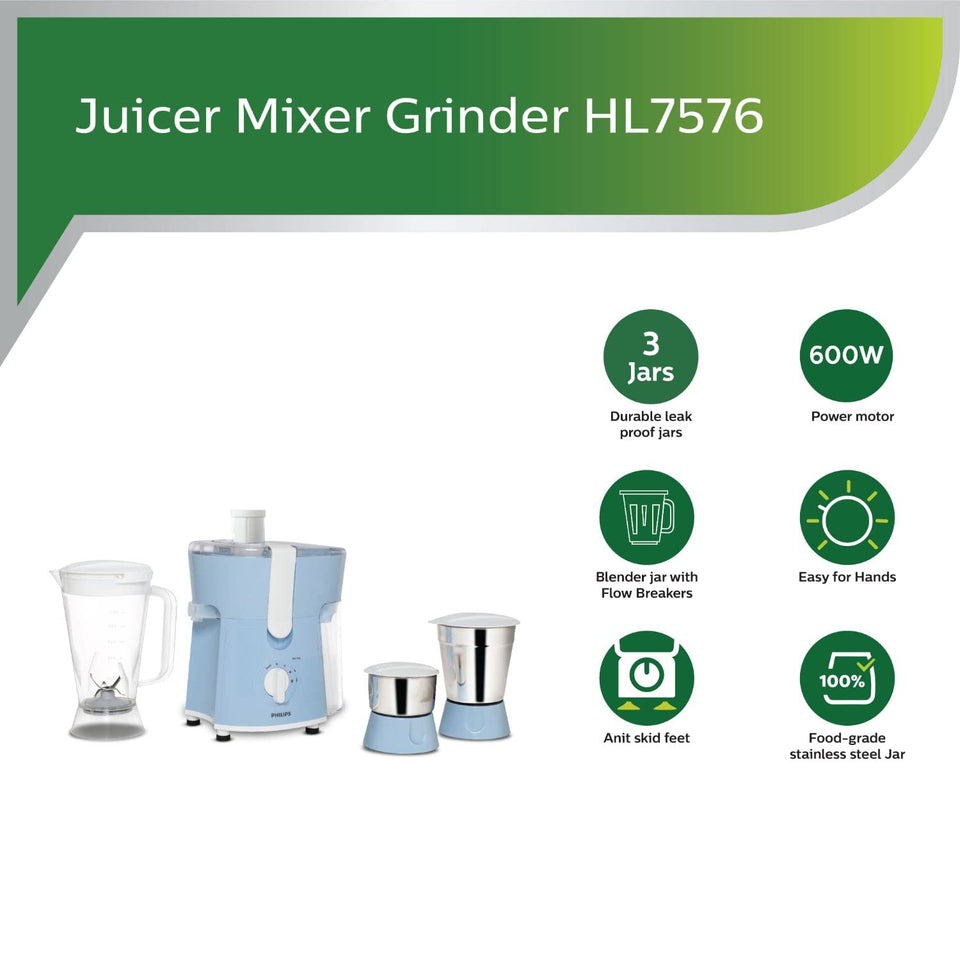 Philips Amaze HL7576/00 juicer mixer grinder with icons for 3 jars, 600 W motor, flow breakers, anti-skid feet and stainless steel jar