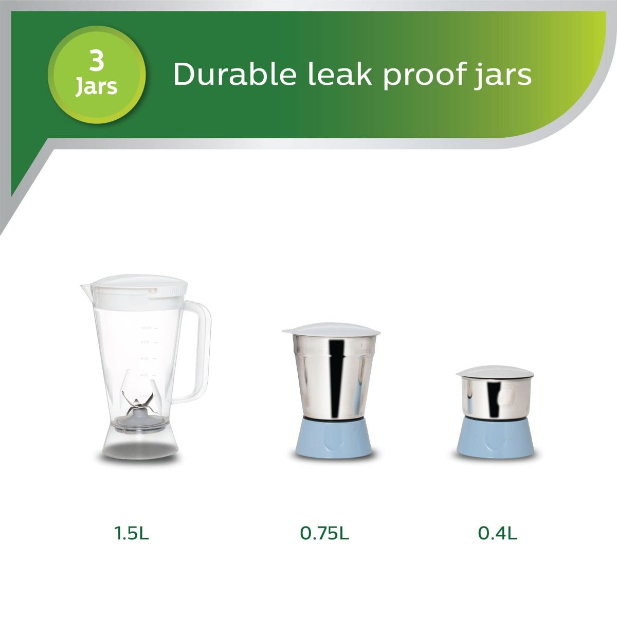 Philips Amaze HL7576/00 three jars shown together: a blender jar and two stainless steel jars