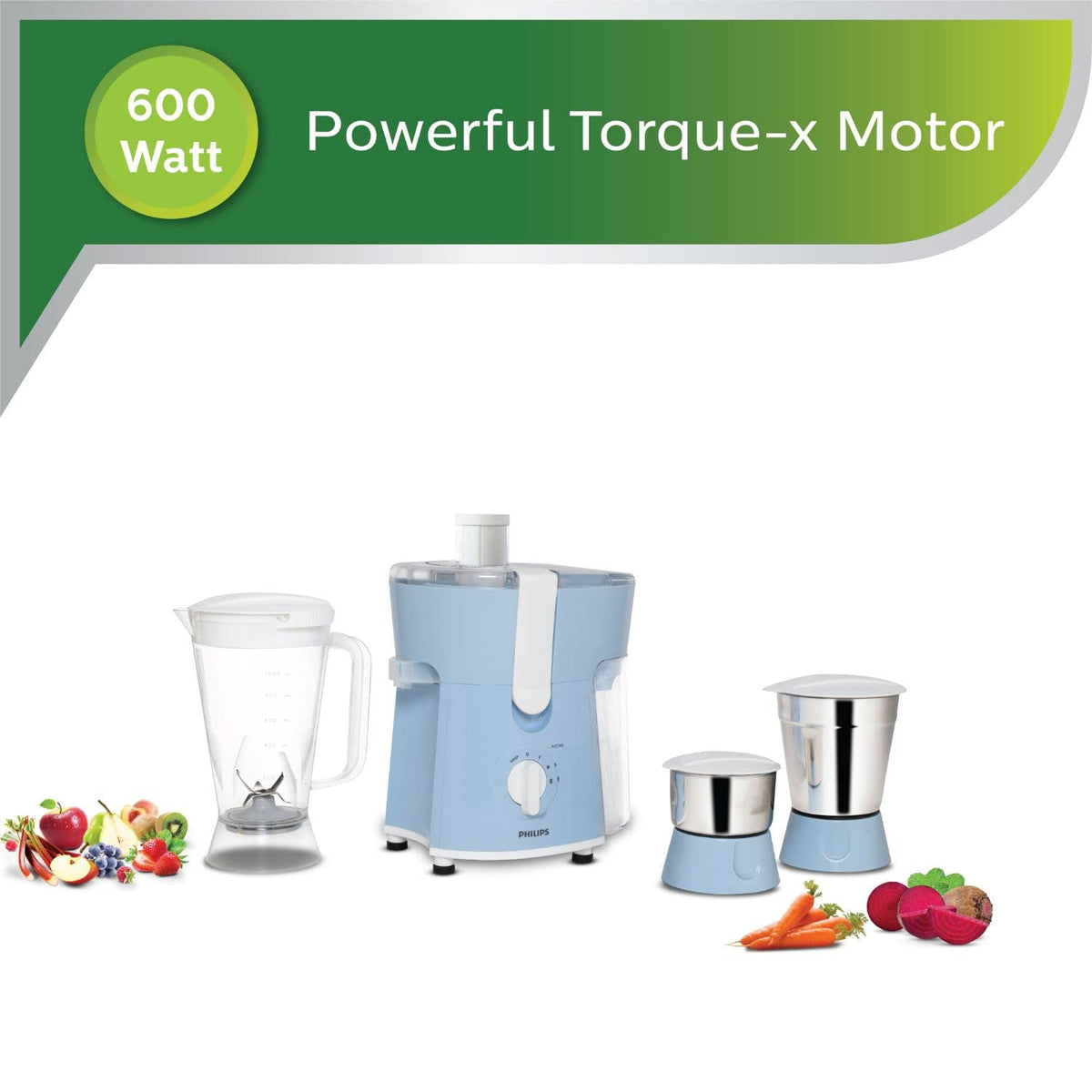 Philips Amaze HL7576/00 with 600 Watt Torque-x motor banner, surrounded by fruits and vegetables