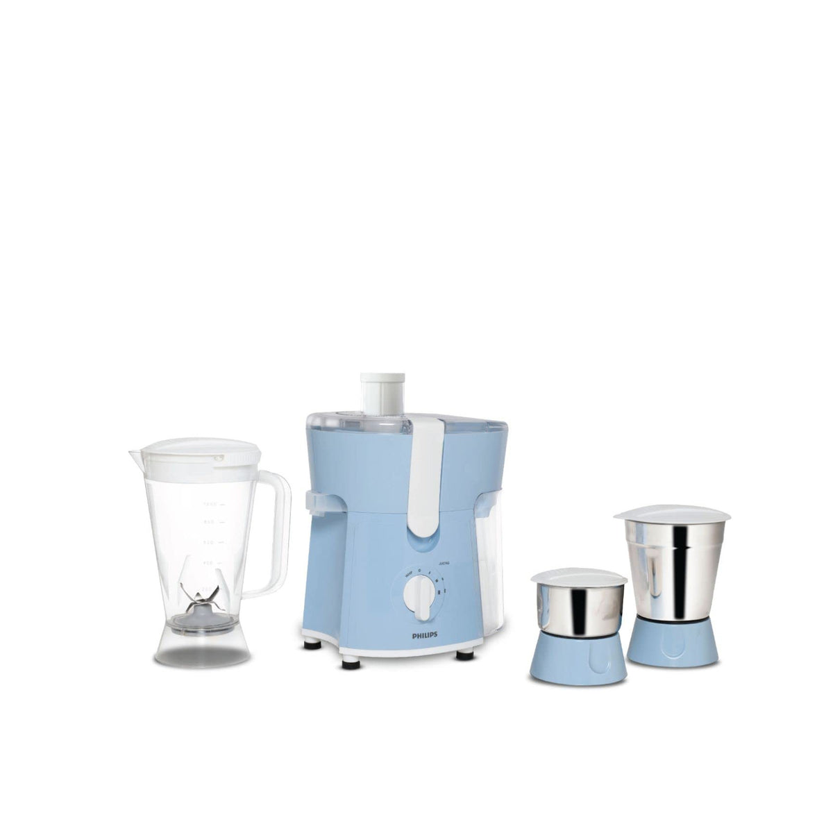 Philips Amaze HL7576/00 juicer mixer grinder in blue with a blender jar and two stainless steel jars