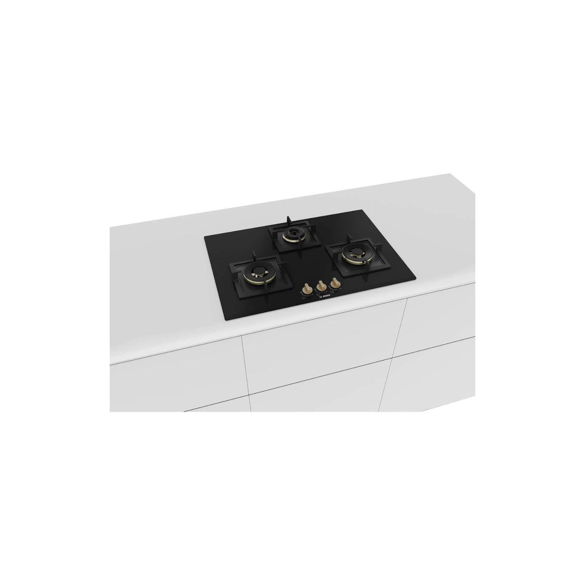 Bosch PND7B6F20I built-in black glass gas hob installed in a white kitchen worktop