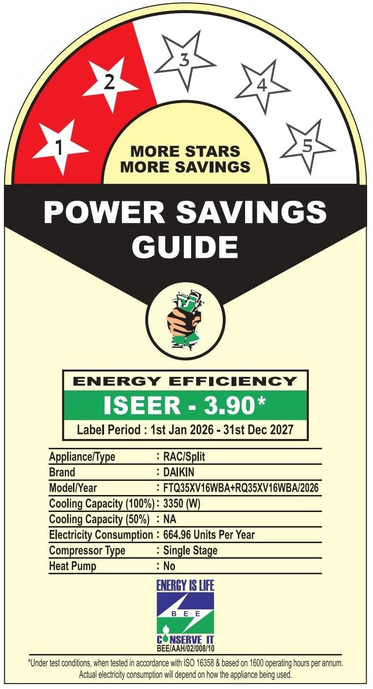 BEE Power Savings Guide label for Daikin FTQ35TV16X2 split AC showing 2 star rating and ISEER 3.90