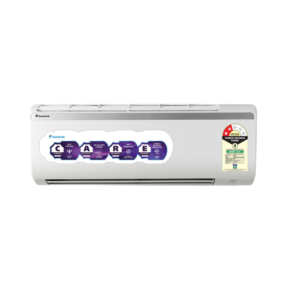 Daikin FTQ35TV16X2 split AC front view with CARE feature badges and BEE energy label