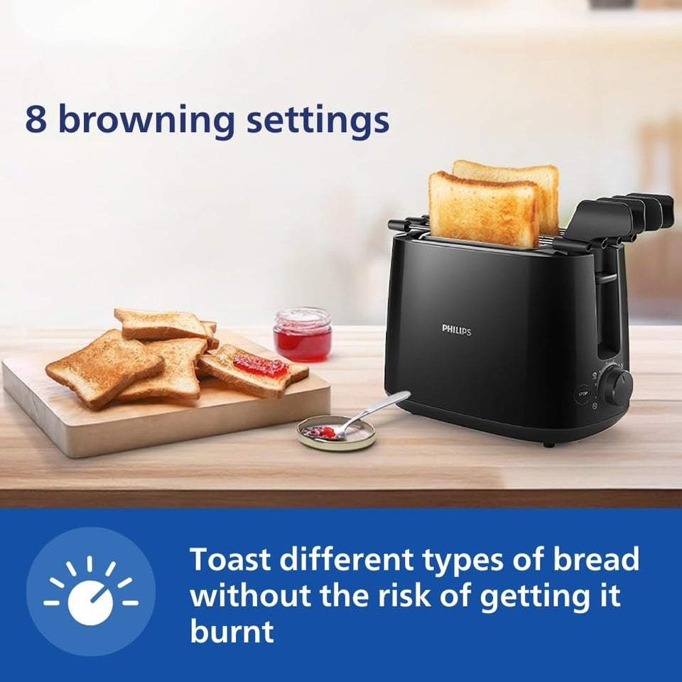 Philips HD2583/90 toaster with two toasted slices popping up, highlighting 8 browning settings