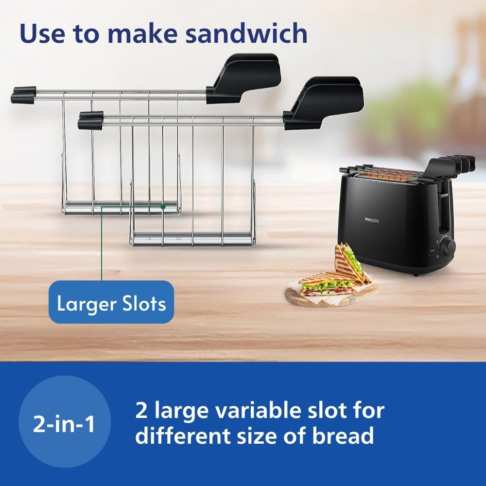 Philips HD2583/90 sandwich racks shown beside the toaster, with toasted sandwiches and a note on larger slots