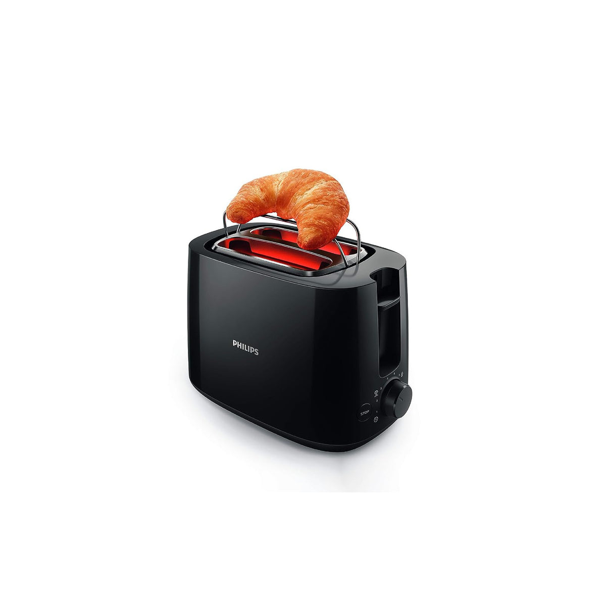 Philips HD2583/90 toaster on a white background with a croissant on the bun rack, browning dial and stop button visible