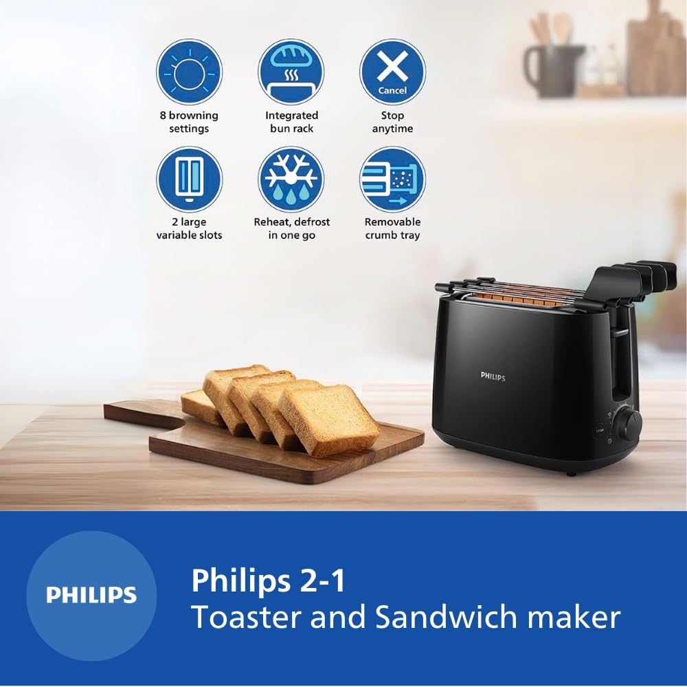 Philips HD2583/90 toaster beside sliced toast, with icons for 8 browning settings, bun rack, cancel, large slots, defrost and crumb tray
