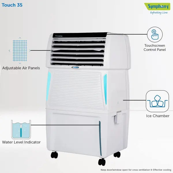 Symphony Touch 35 Personal Air Cooler with Honeycomb Pads (35L, White)