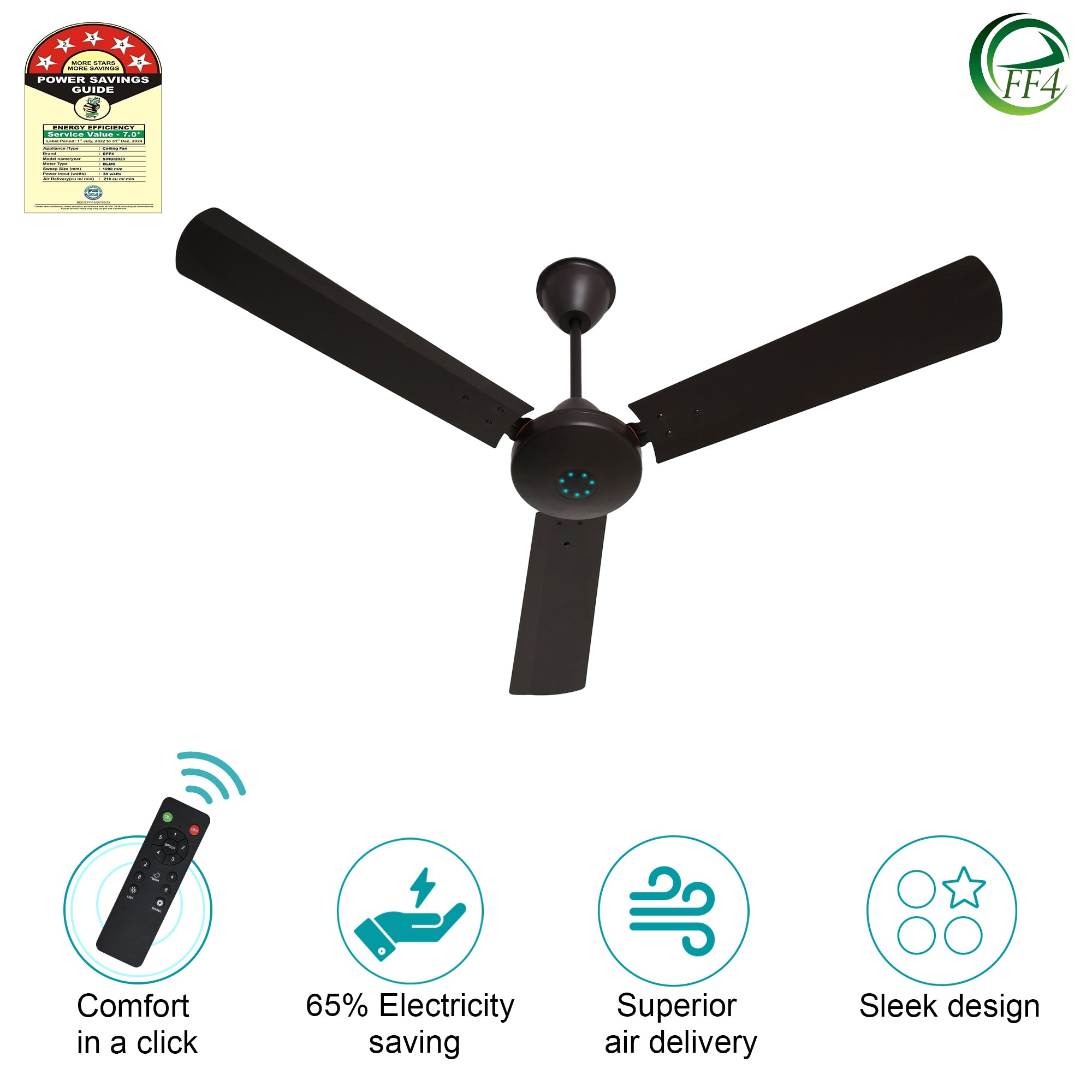 EFF4 Sino Classic 5 Star 1200 mm BLDC Motor 3 Blade Ceiling Fan Center Dom - Brown