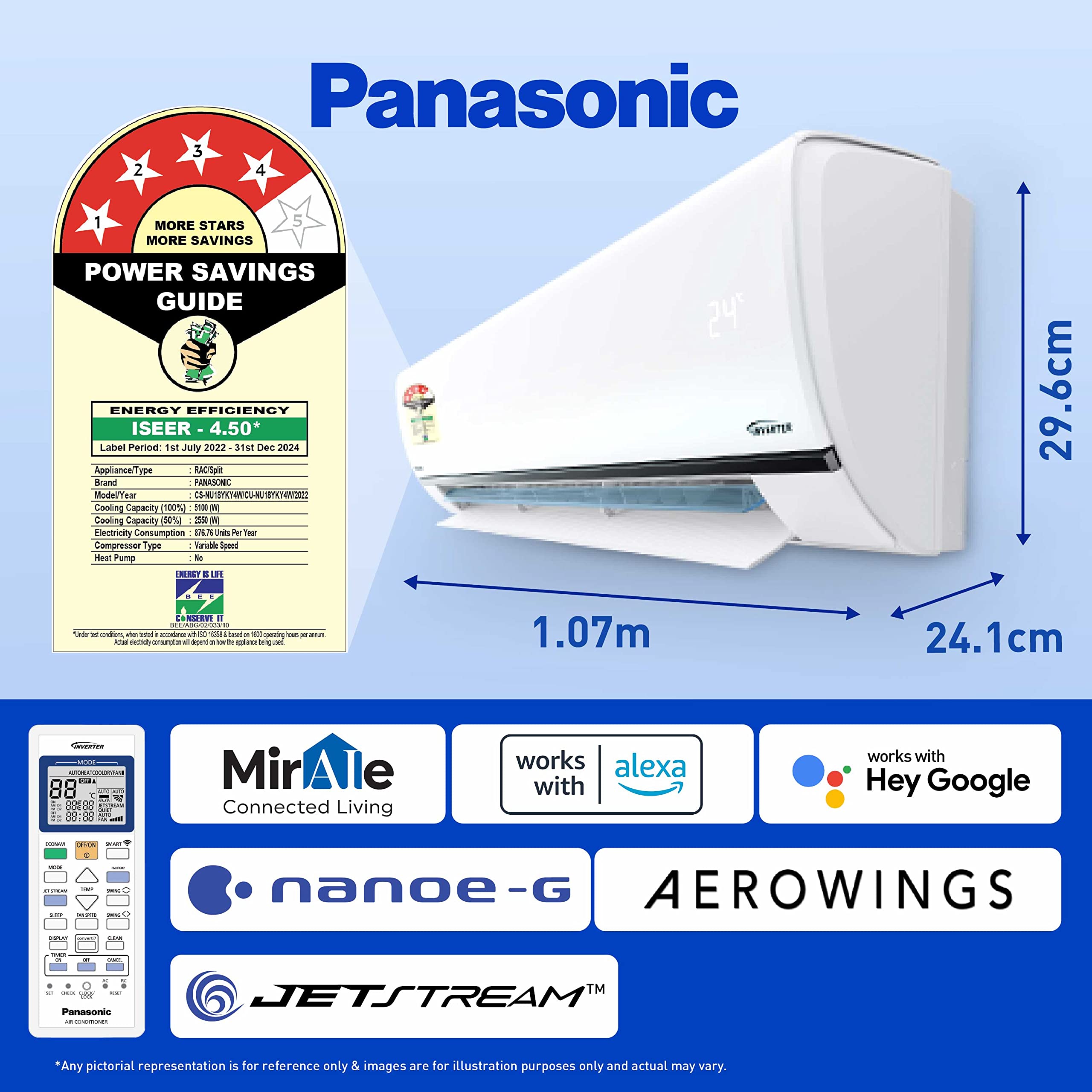 Panasonic 1.5 Ton 4 Star Wi-Fi Inverter Smart Split AC (Copper, 7 in 1 Convertible with additional AI Mode, 4 Way Swing, nanoe-G Air Purification Filter, CS/CU-PU18YKY4W,2023 Model, White)