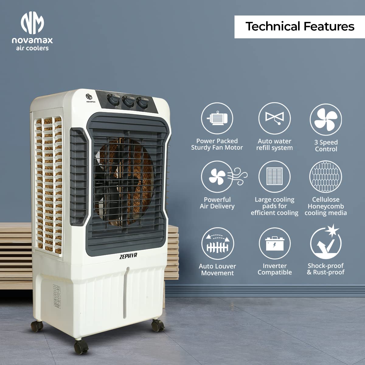 Novamax Zephyr 90 L Desert Air Cooler For Home/Office With 3-Side High Density Honeycomb Cooling Pads, Auto Swing, 4-Way Air Deflection & 3-Speed...