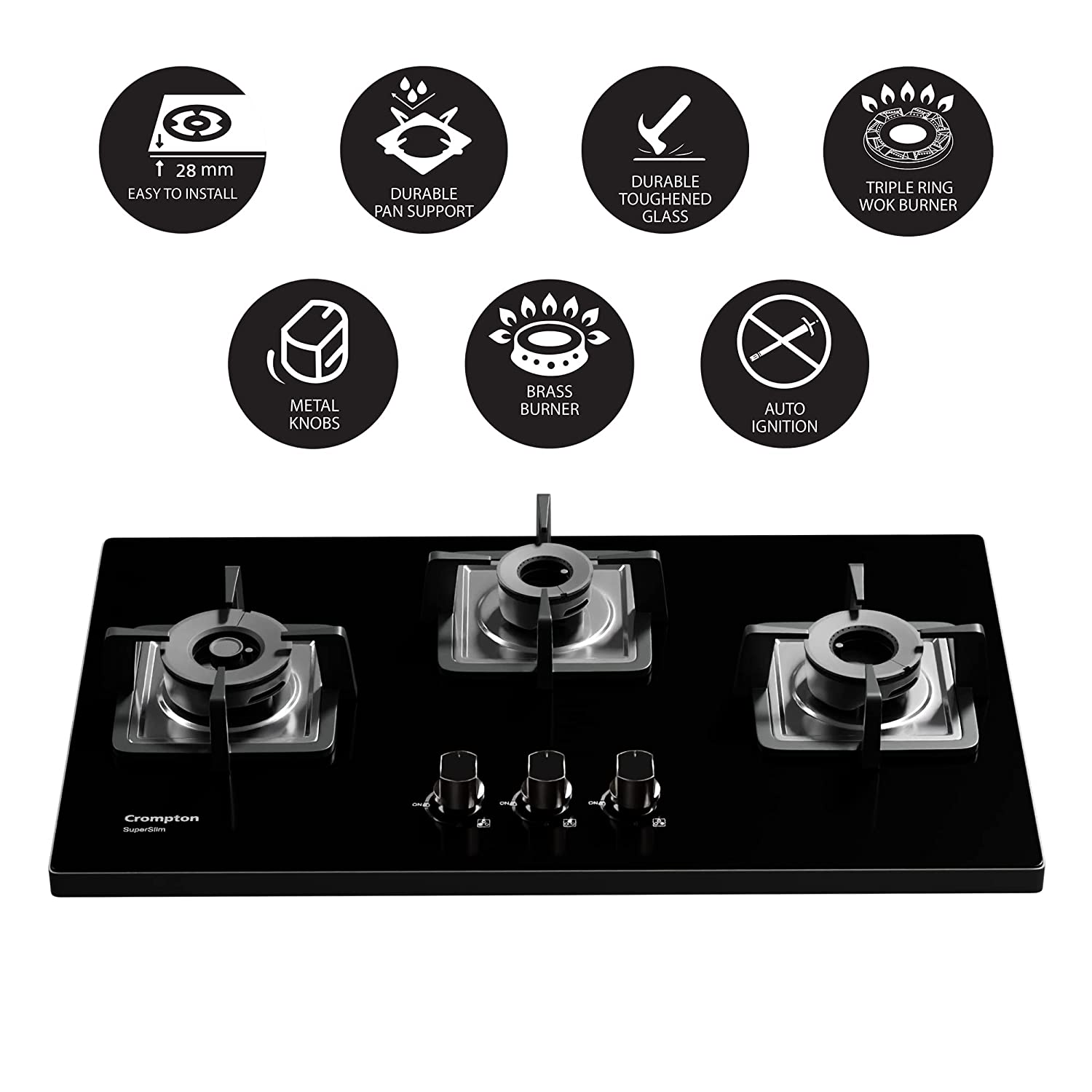 Crompton SuperSlim Gas Hob 78cm 3burner MBLK