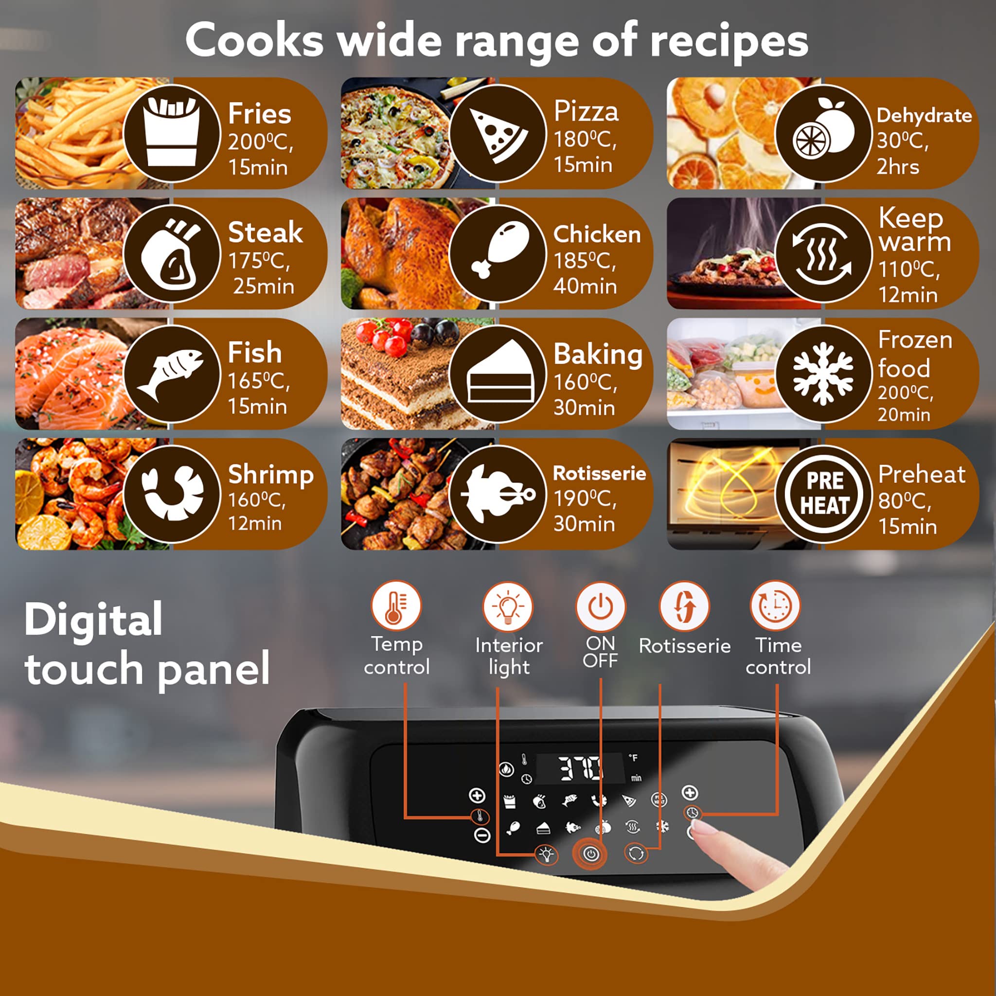 AGARO Regency Air Fryer For Home, 12L, Family Rotisserie Oven, 1800W, 9 Preset Menu, Electric Air Fryer Toaster Oven, Digital Display, Bake, Roast, Toast, Defrost, Silver.