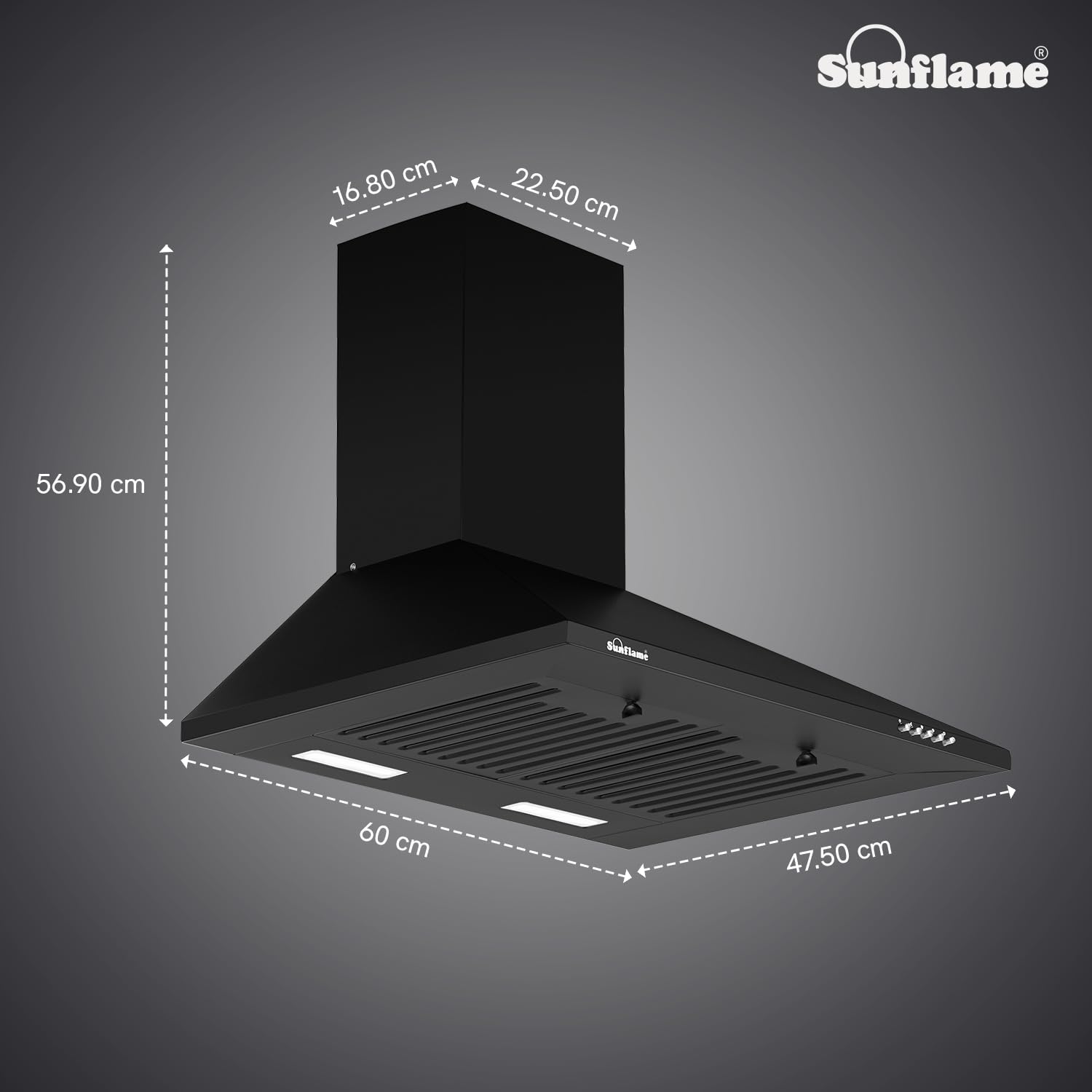 Sunflame Maleo 60 BF Kitchen Chimney | 900 m³/h Suction Capacity | 1- Year Product and 5-Year Motor Coverage | Baffle Filters | 3-Speed Exhaust Setting | Push Button Control | 60 cm