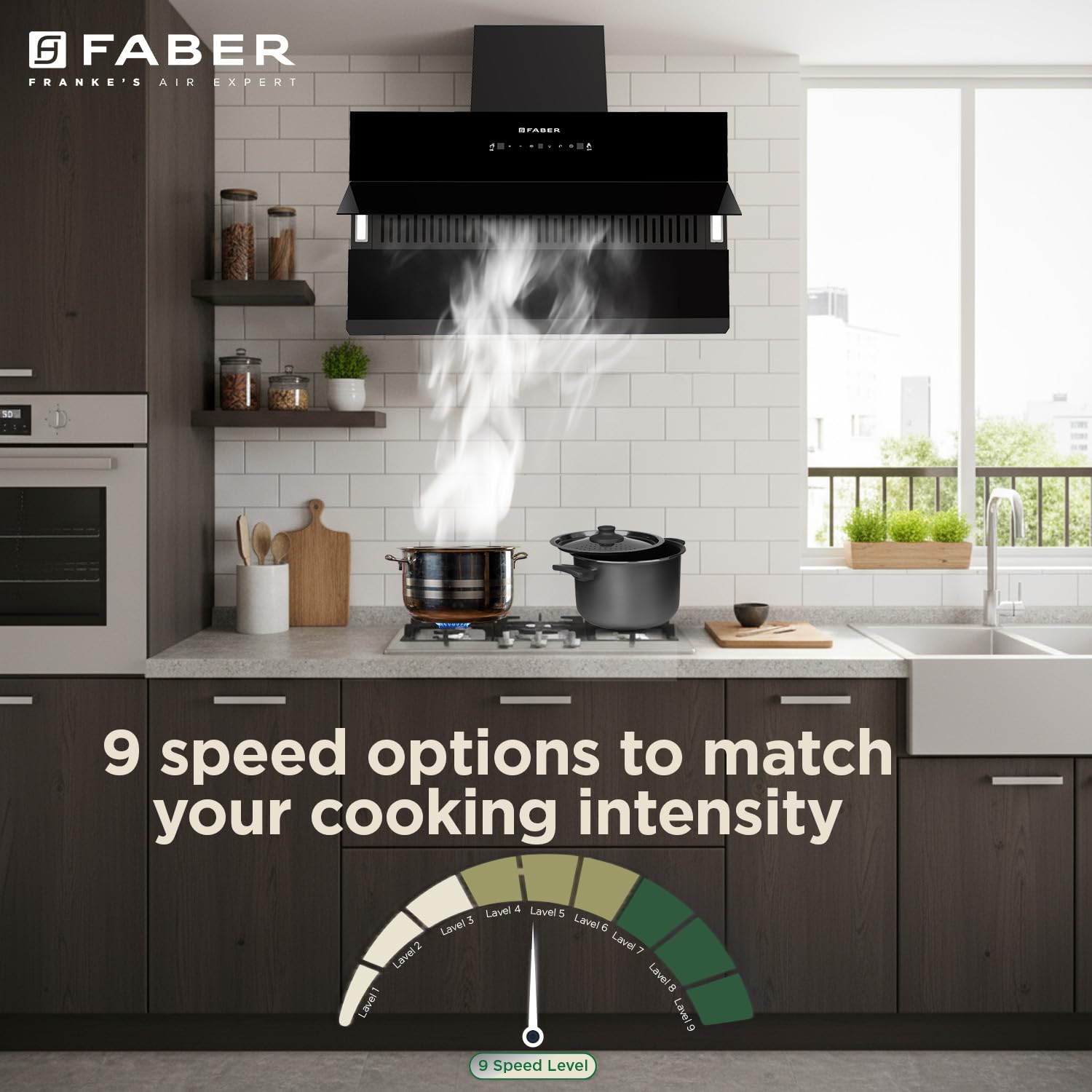 Faber Energy 90cm BLDC Chimney|1500m³/hr|9 Speed|Silent Hood|Efficient|Filterless|Touch&Gesture Control